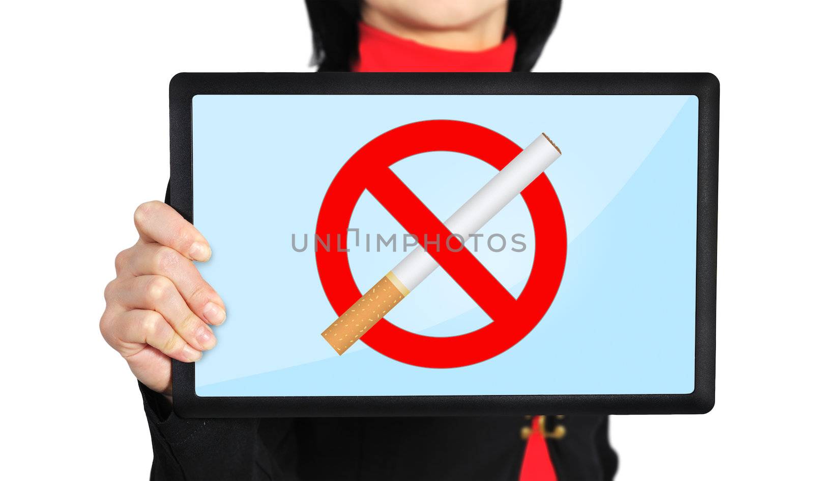 woman holding  touch pad with stop smoking symbol