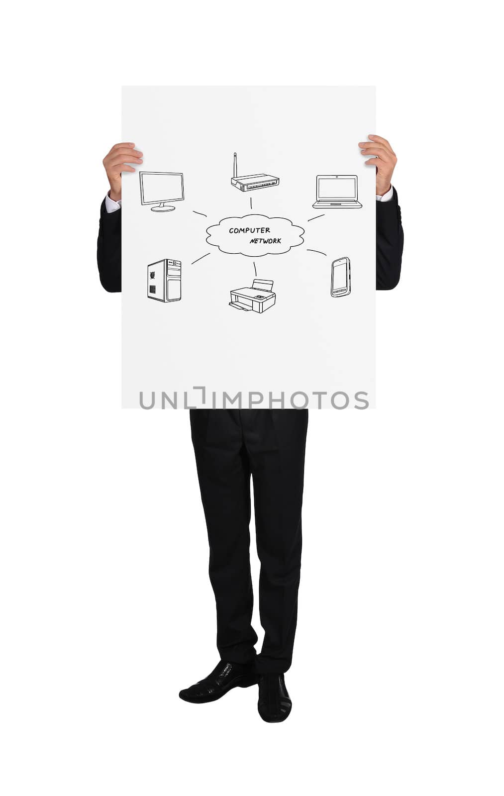 businessman in tuxedo holding poster with computer network