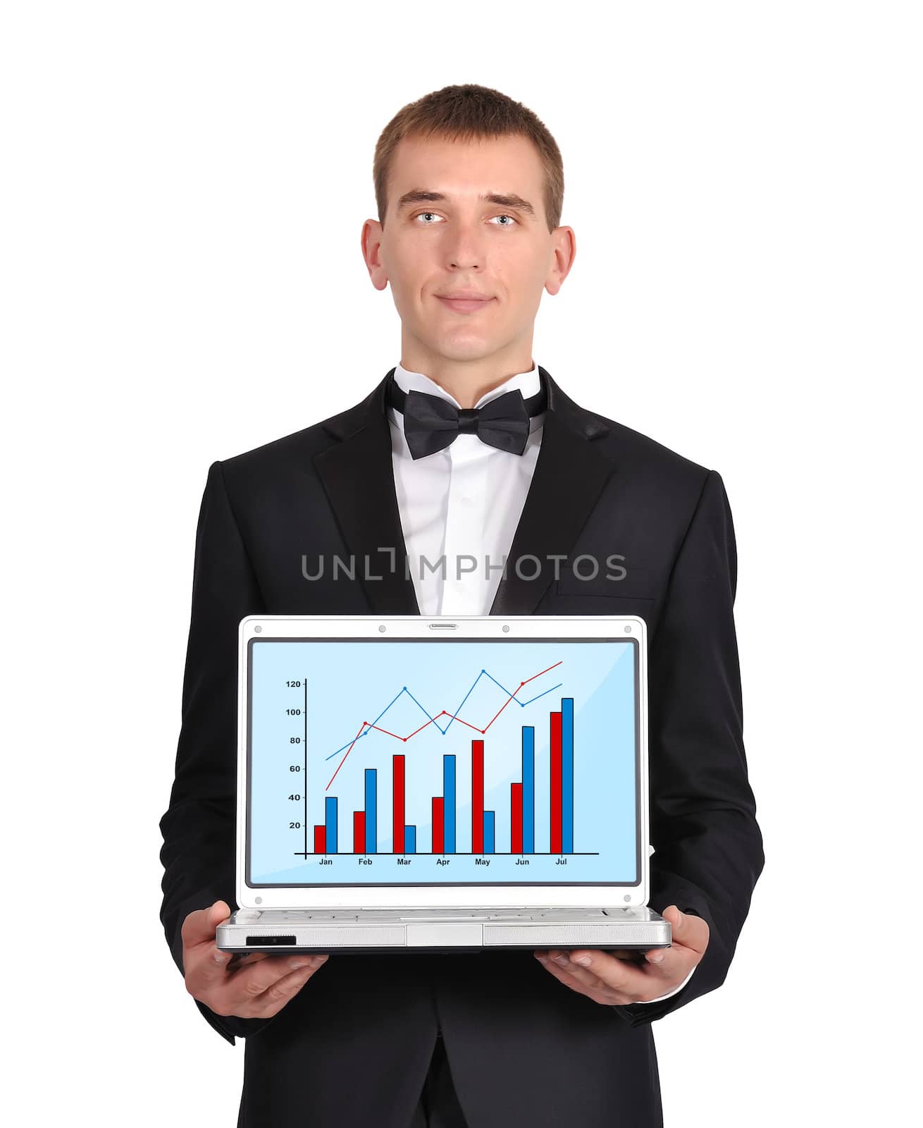 businessman in  tuxedo holding notebook  wirth chart