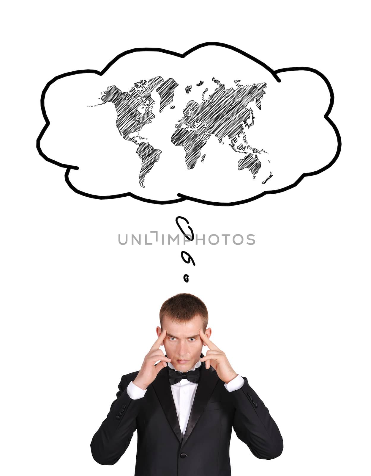 businessman and bubble speech with world map