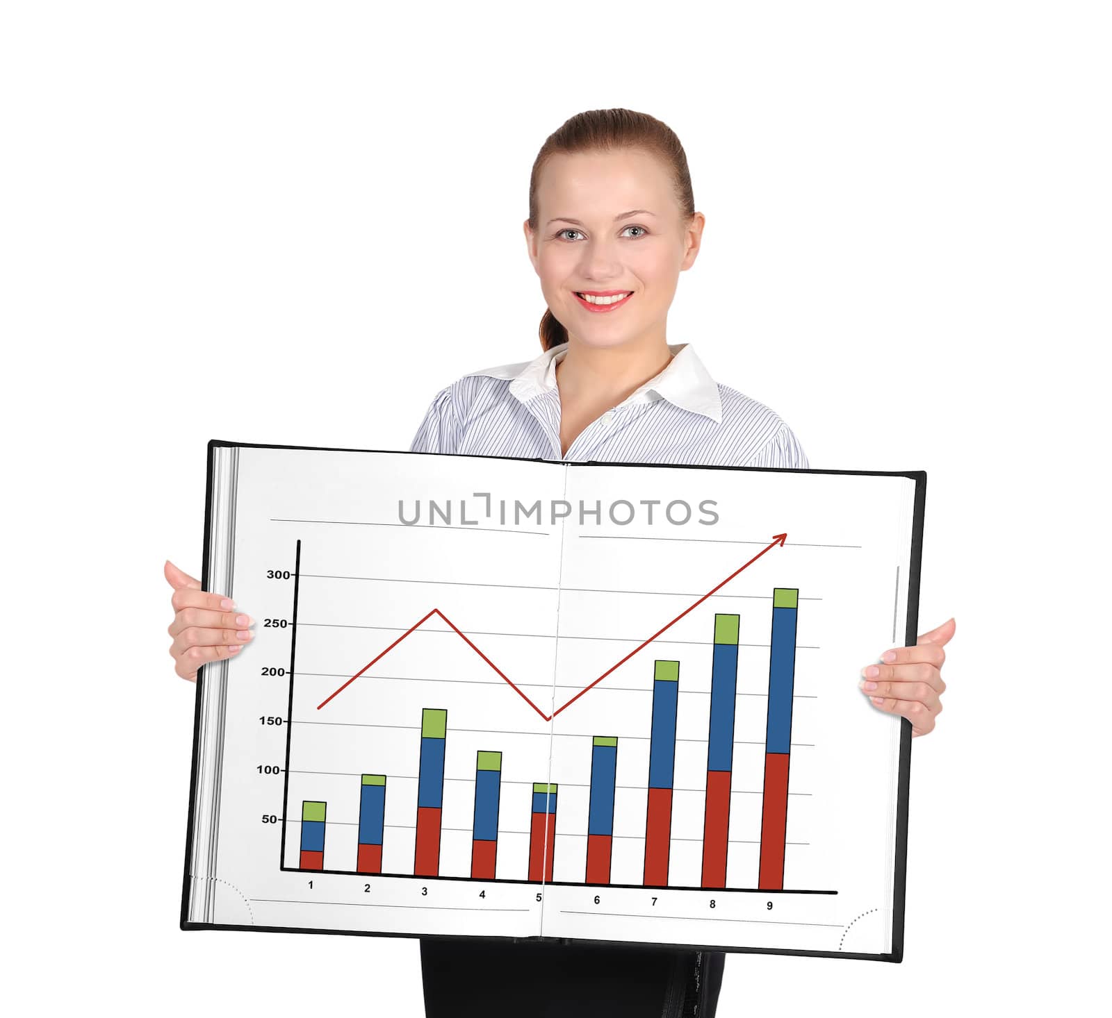 woman holding big book with business graphic