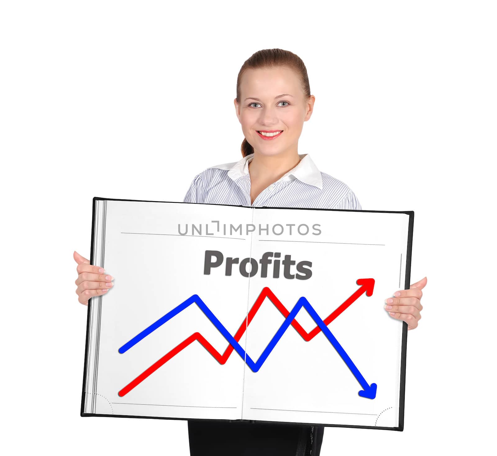 woman holding big book with business graph