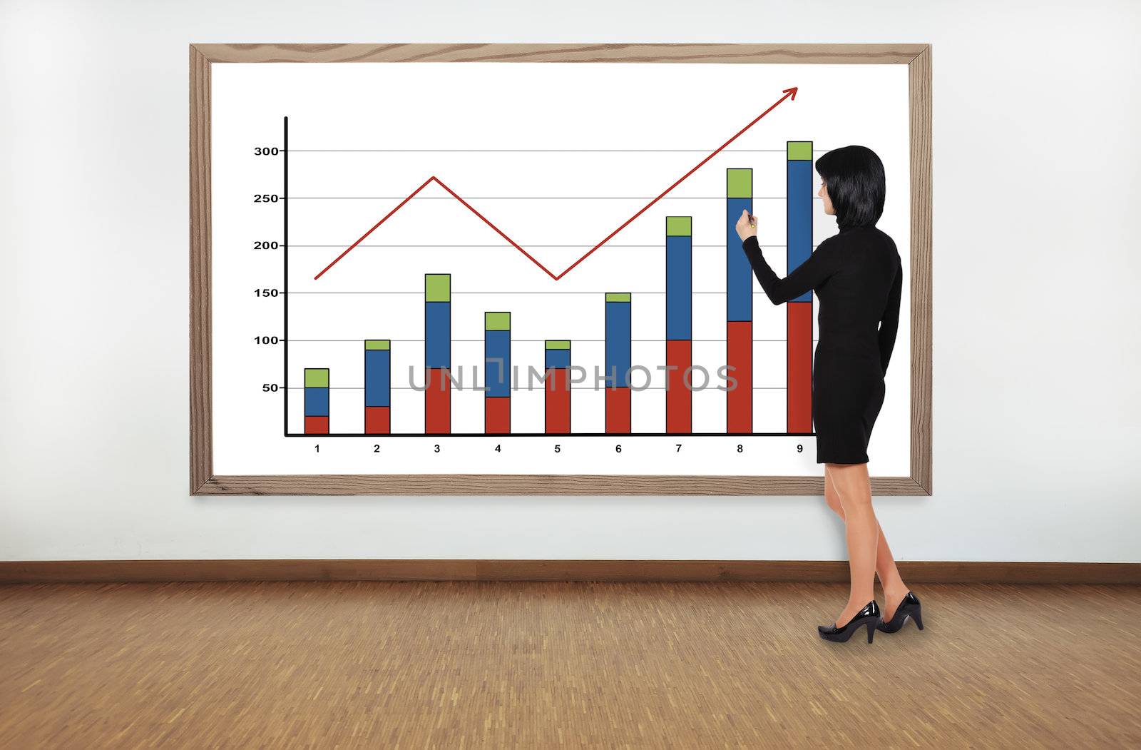 businesswoman drawing graph on blackboard in office