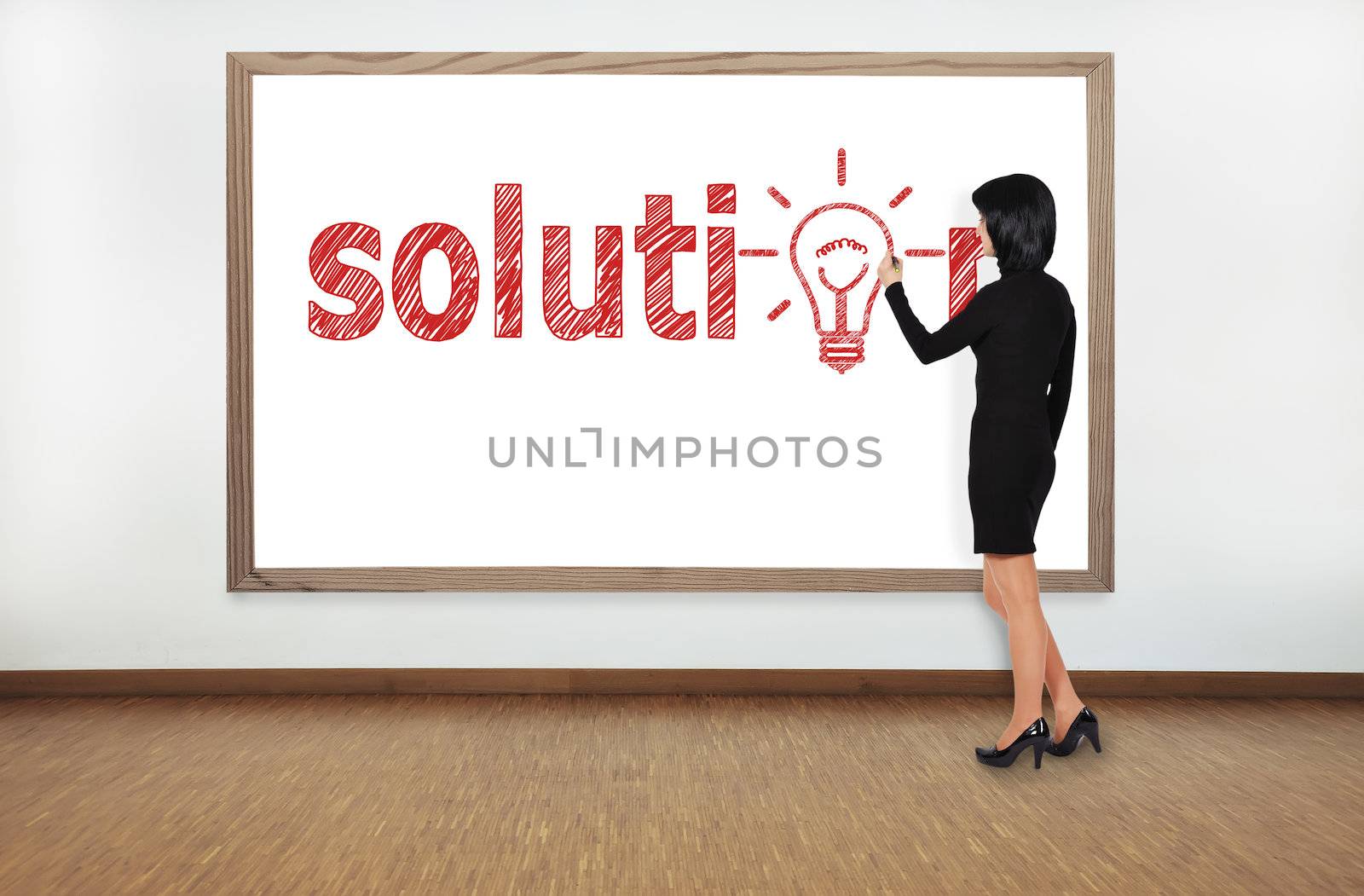 businesswoman drawing solution on blackboard