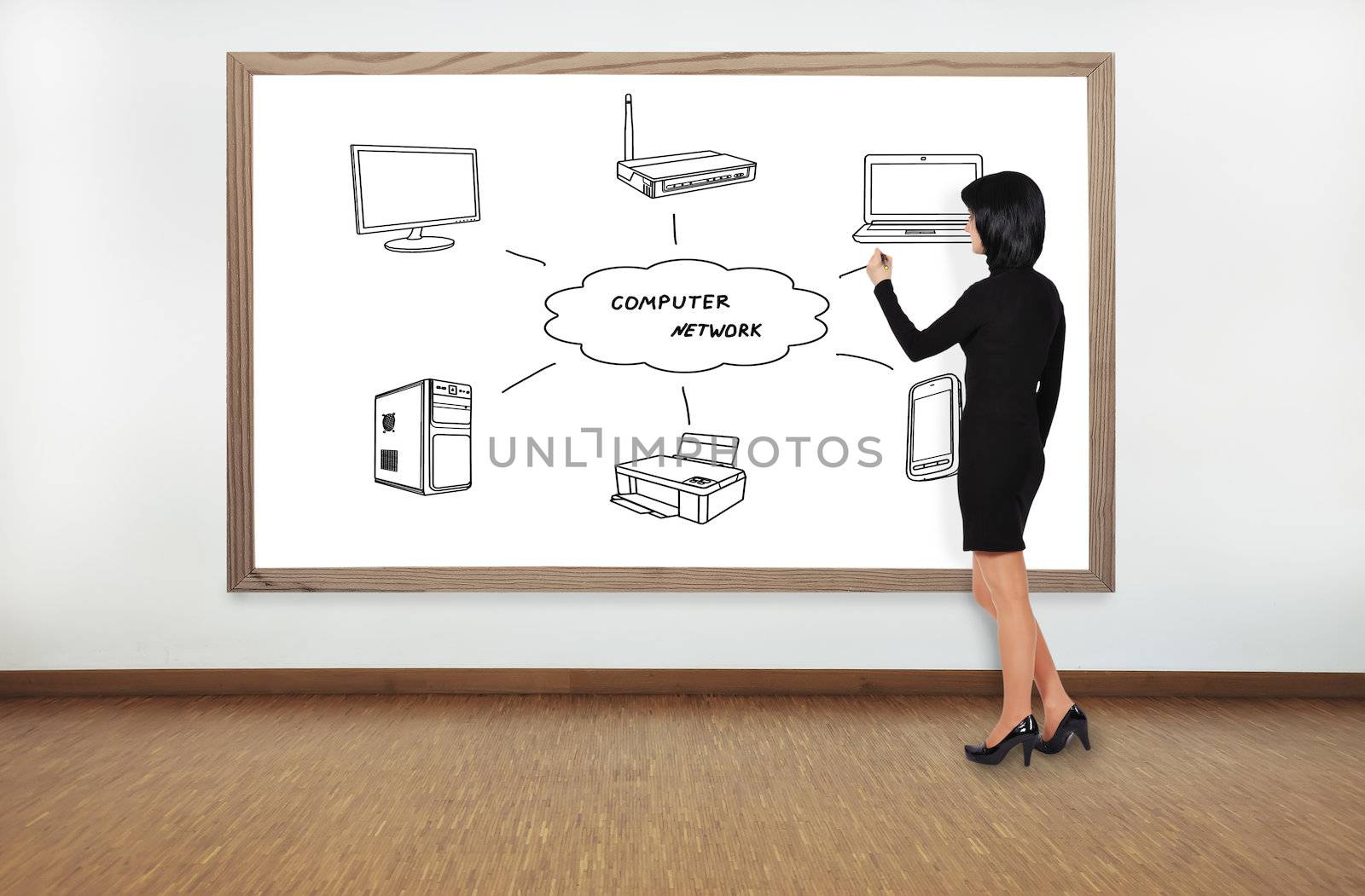businesswoman drawing computer network on blackboard