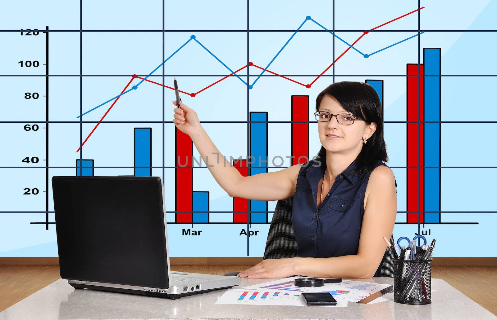 businesswoman in office pointing at plasma panel with chart