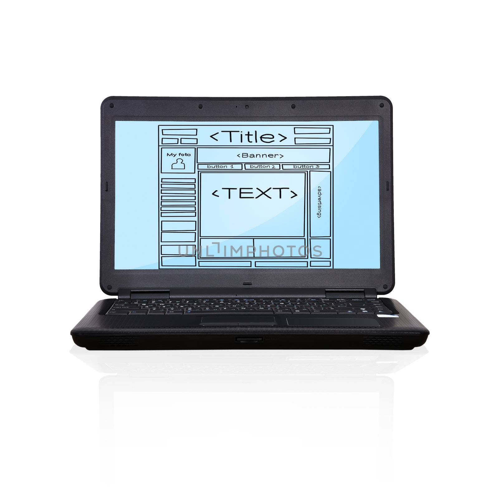 black laptop with template web page on screen