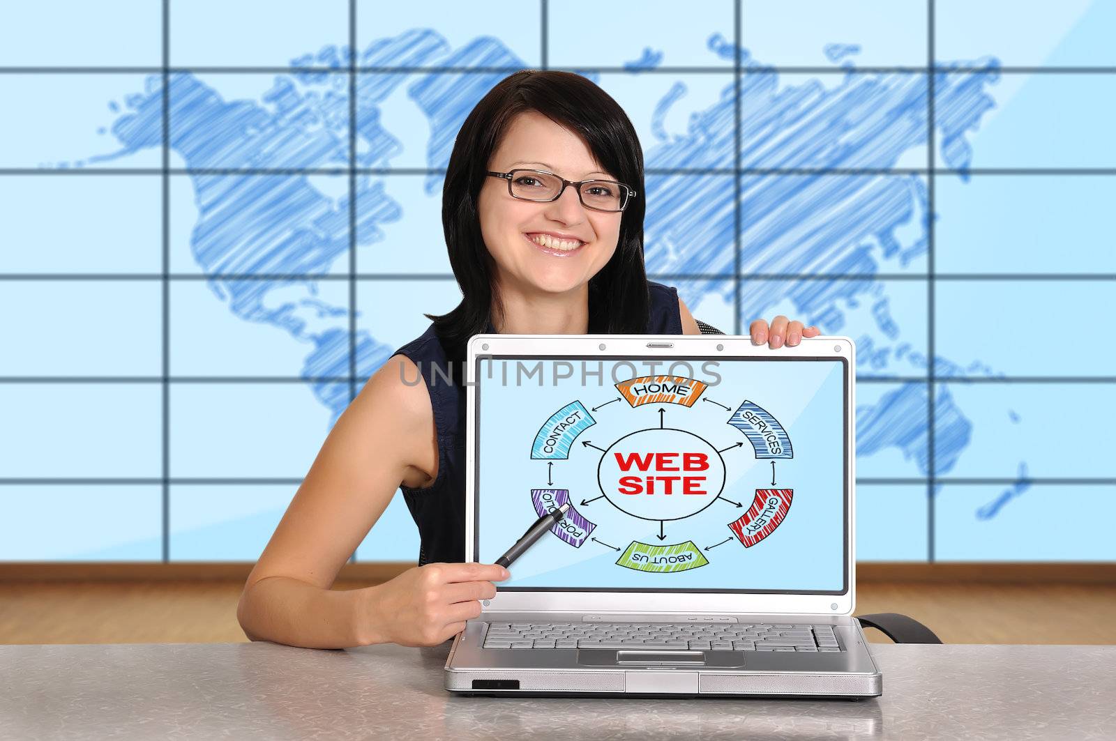 woman with laptop and web site on screen
