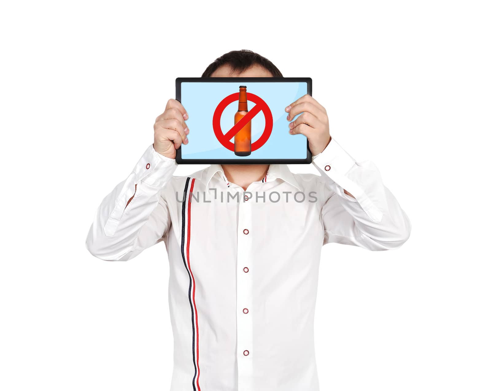 men holding  touch pad with no alcogol symbol