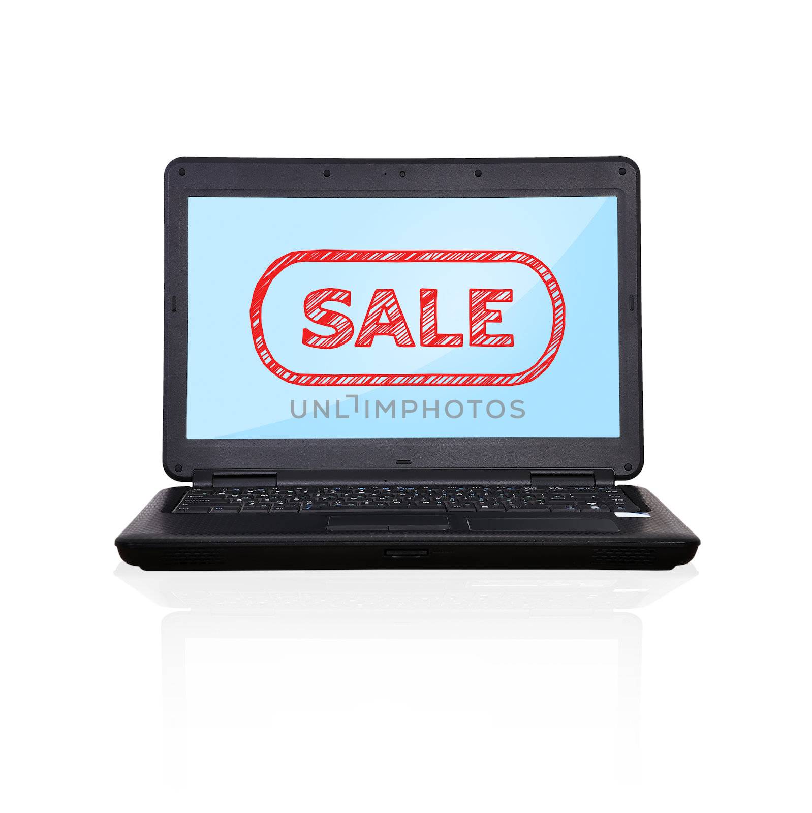 black laptop with sale symbol on screen