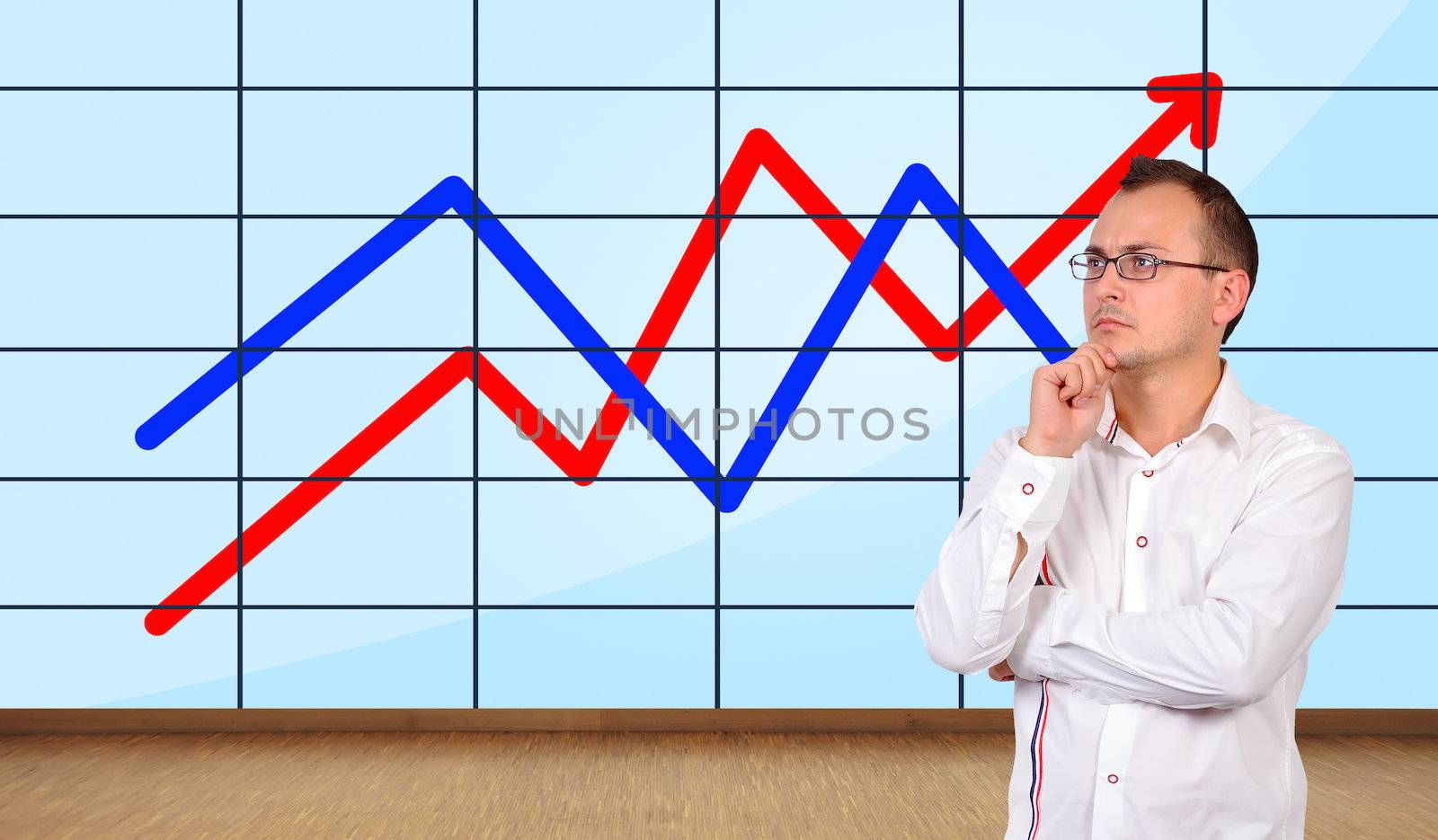 businessman thinking in office and chart on plasma panel