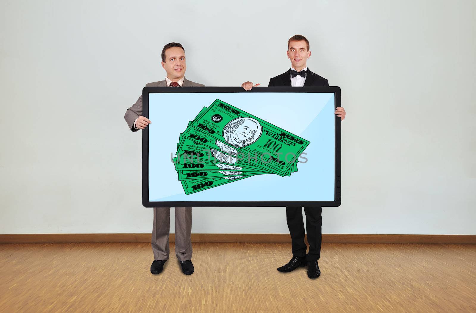 two businessman in room holding plasma panel with dollar