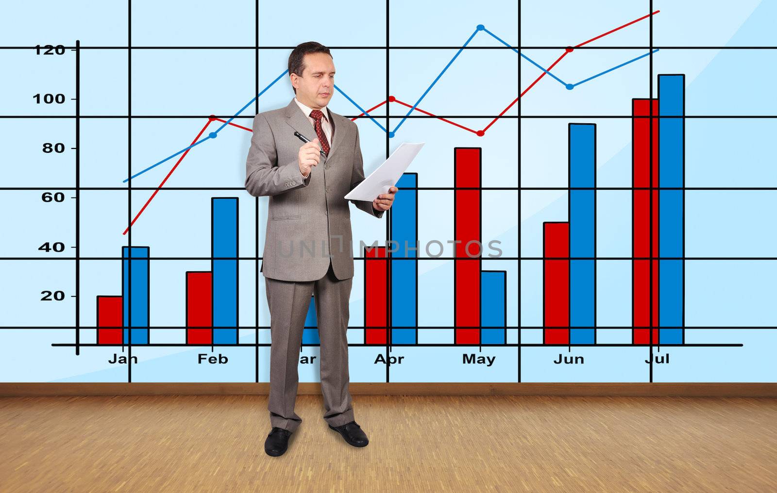 businessman in office and chart on plasma wall