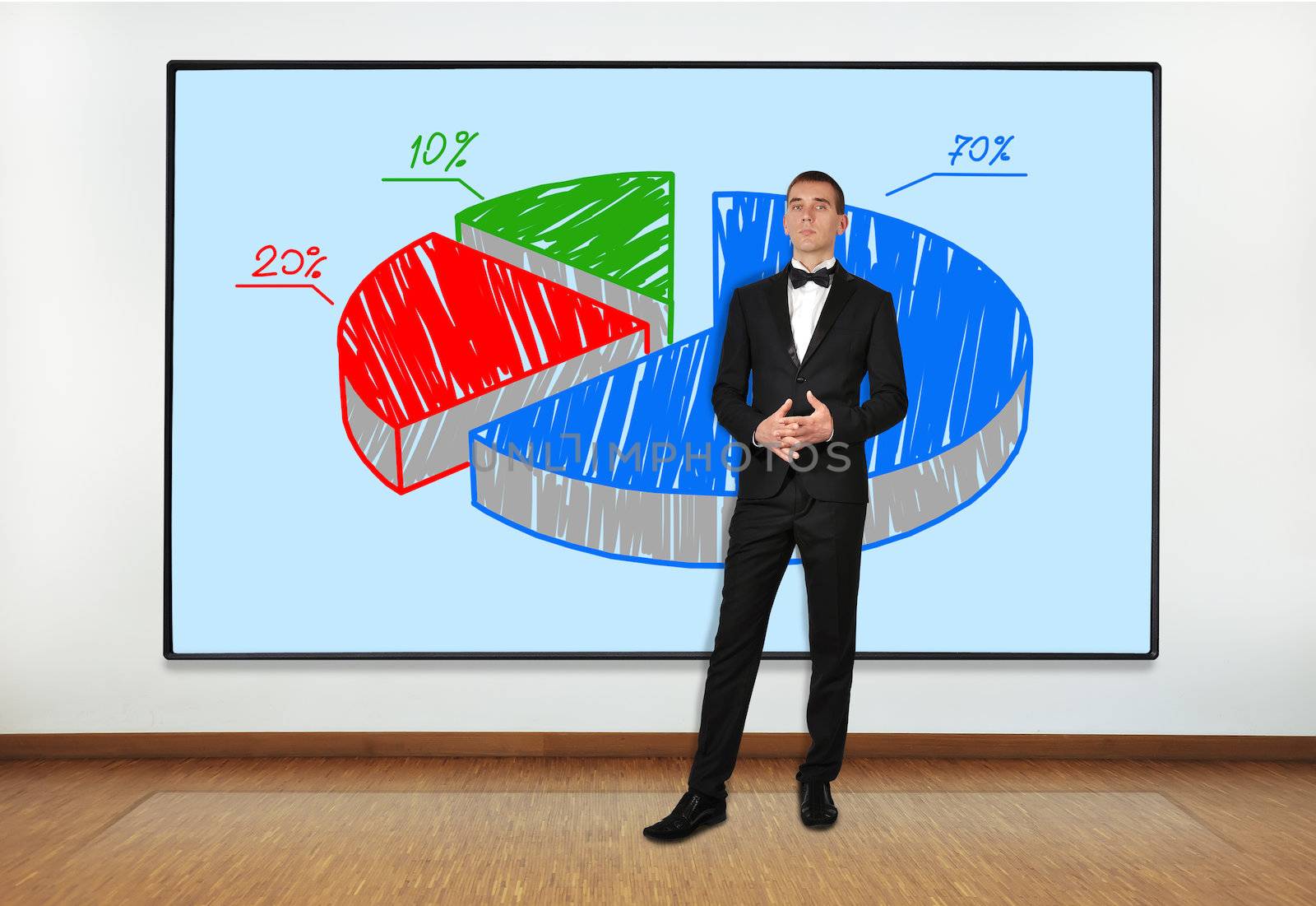 businessman in office and big plasma with pie graph
