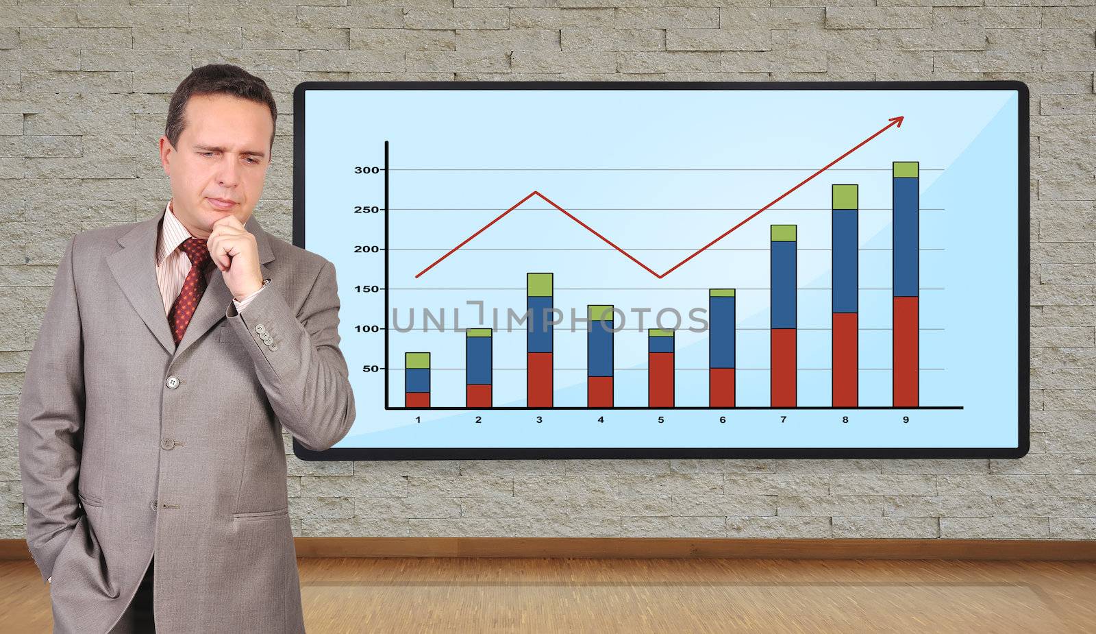 businessman thinking and plasma with chart on wall