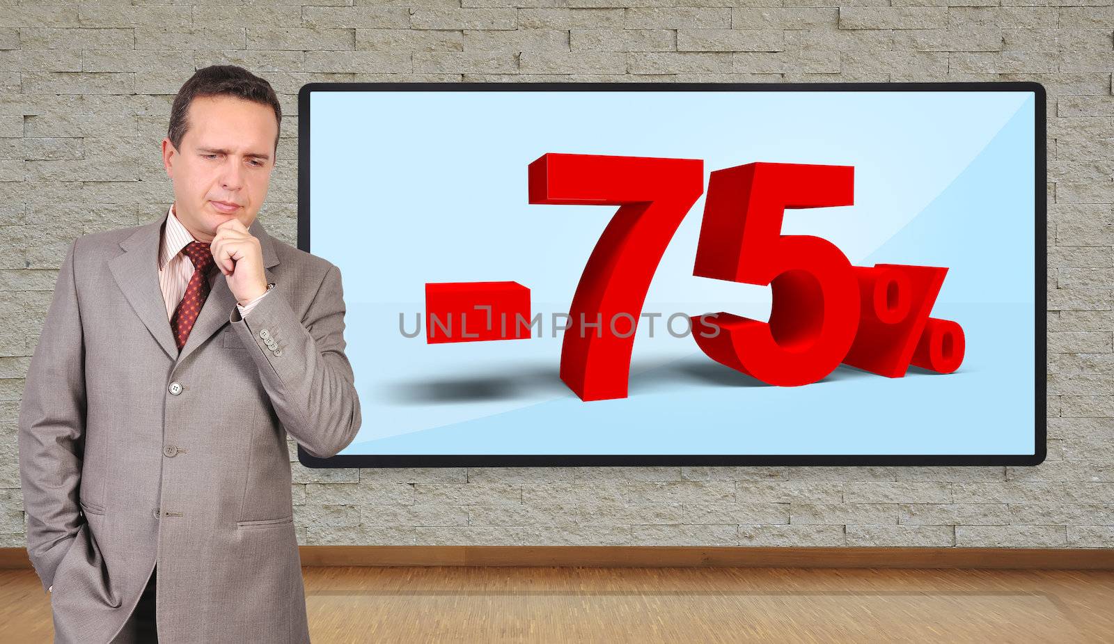 businessman thinking and plasma panel with discount on wall