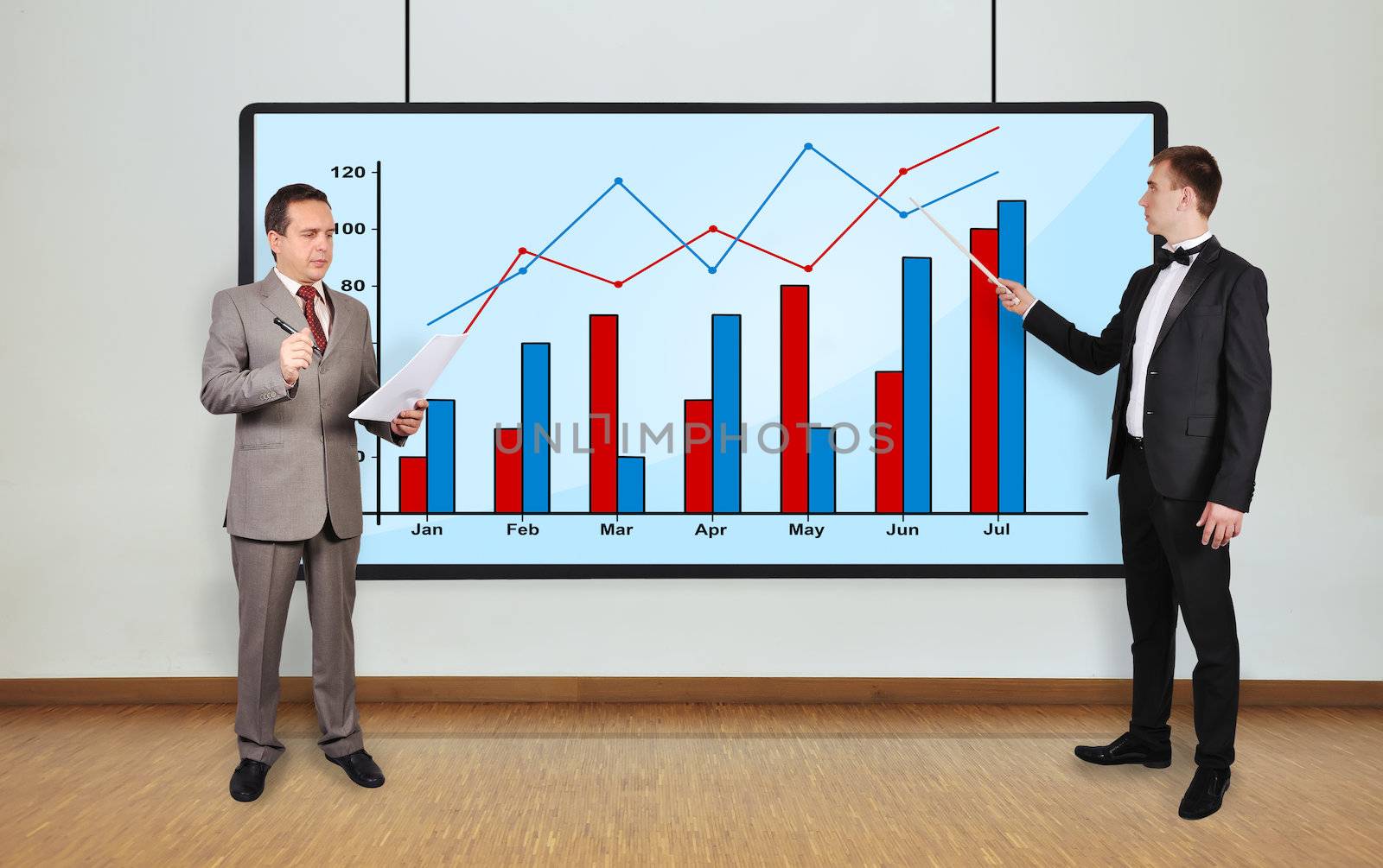 two businessman in office and graphic on plasma panel