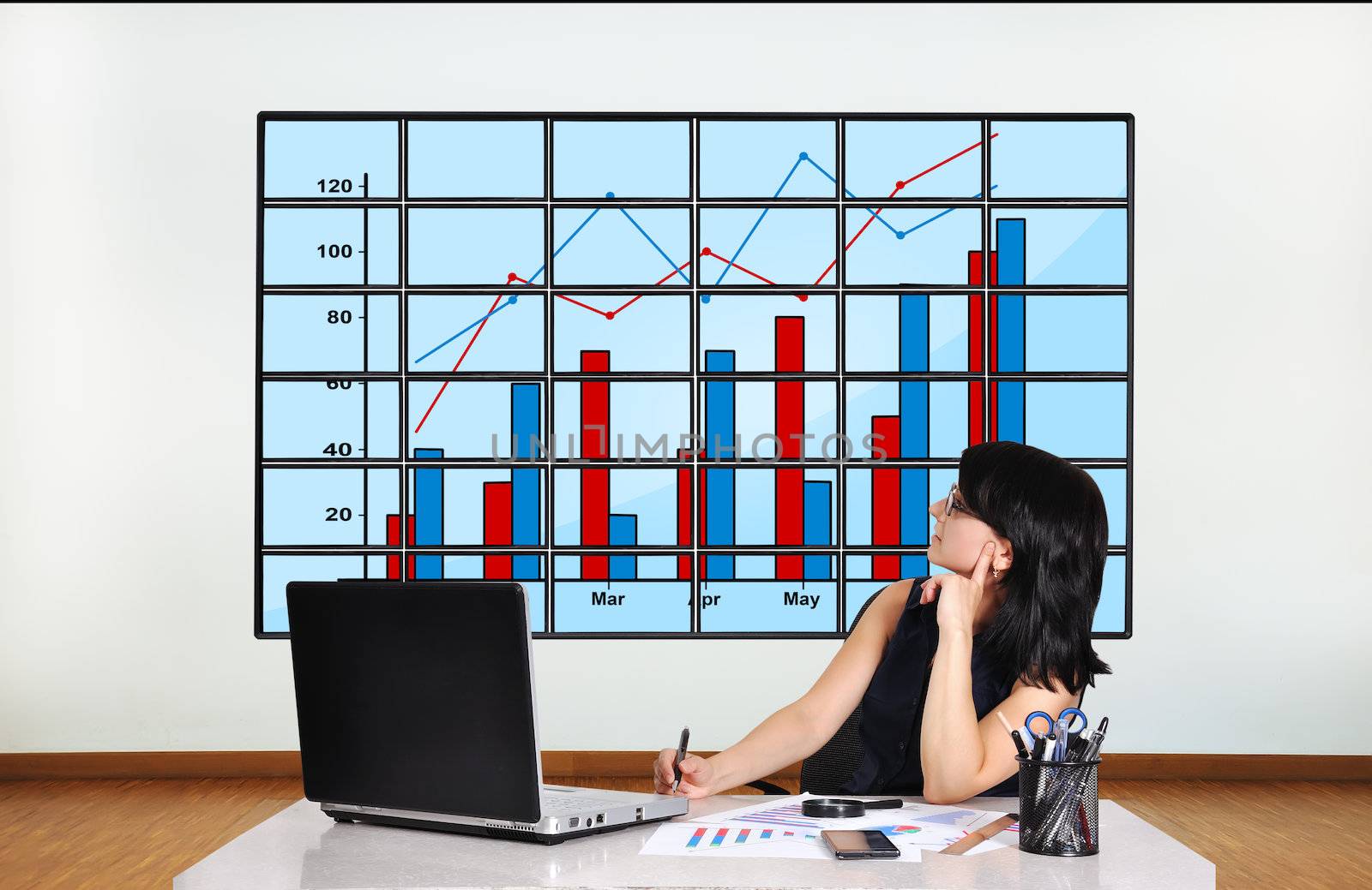businesswoman in office looking at plasma panel with chart