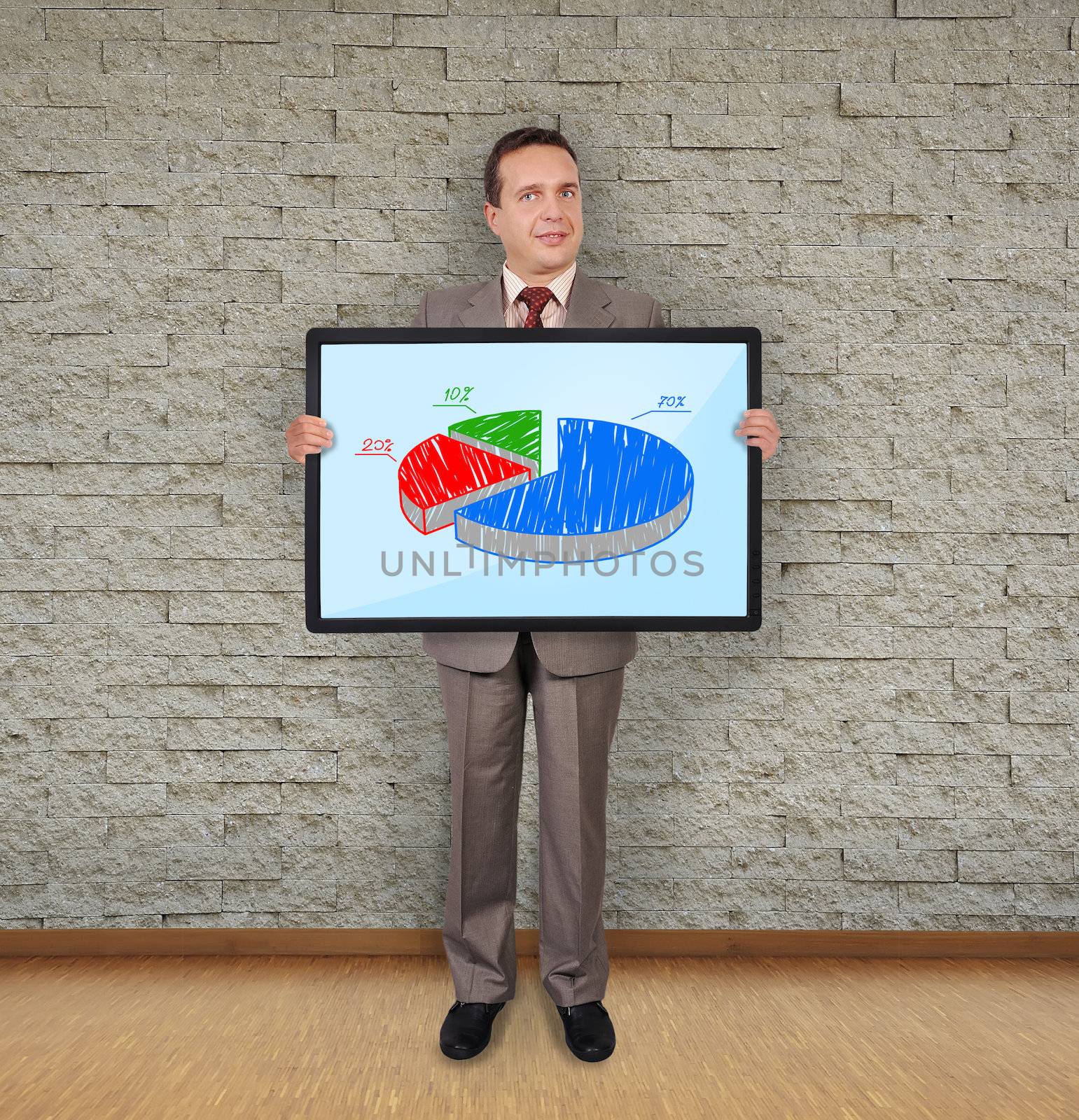 businessman in room holding plasma with pie graph