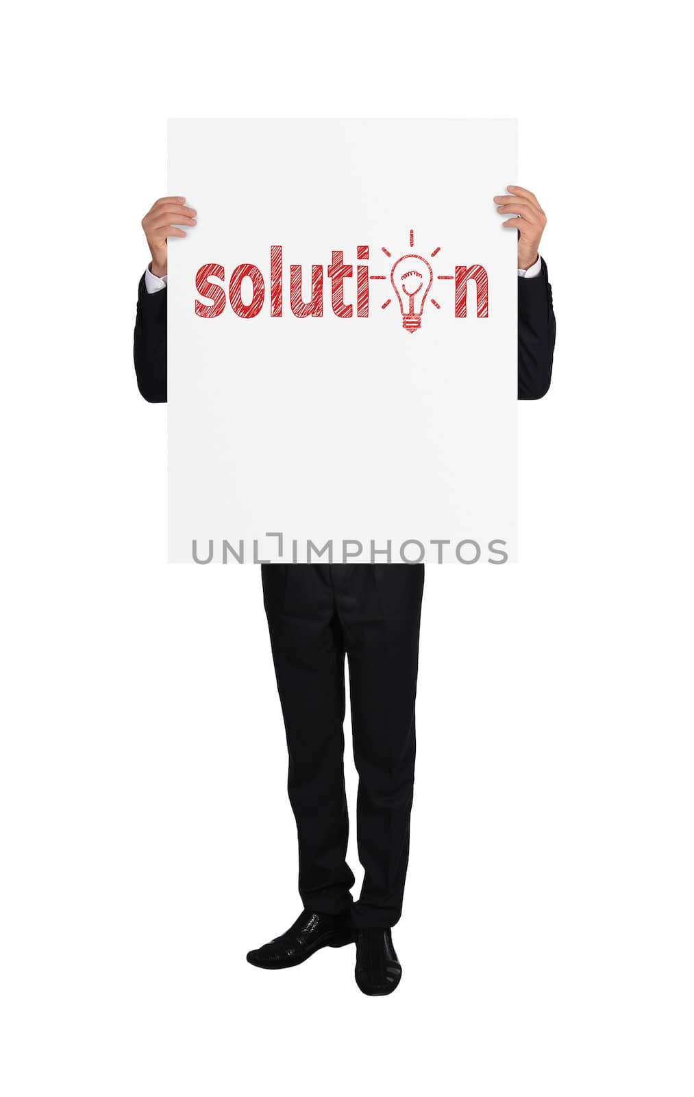 businessman in tuxedo holding placard with solution