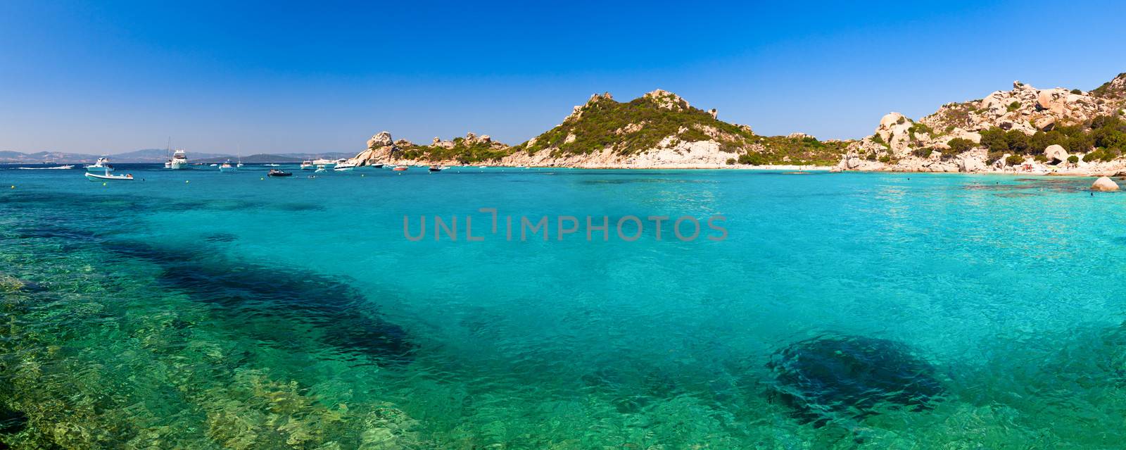 Panoramic view of Cala Corsara cove at Maddalena Archipelago in Sardinia