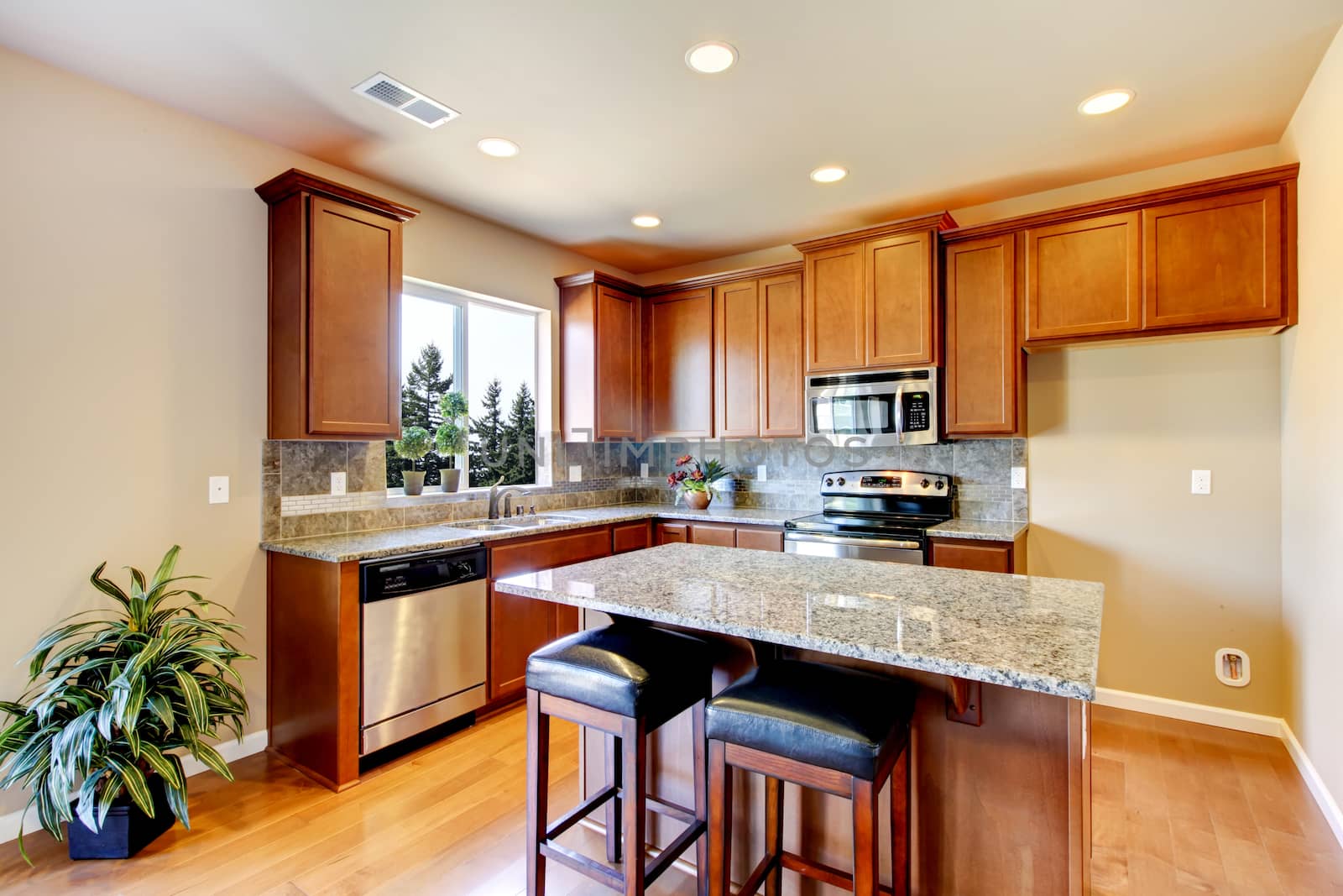 New home kitchen interior with dark brown cabinets and hardwood floors.