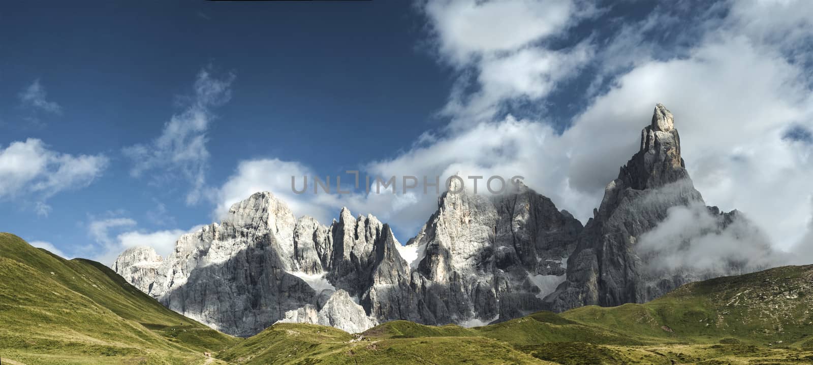 panoramic views of the Pale di San Martino from Passo Rolle, Dolomiti - Italy