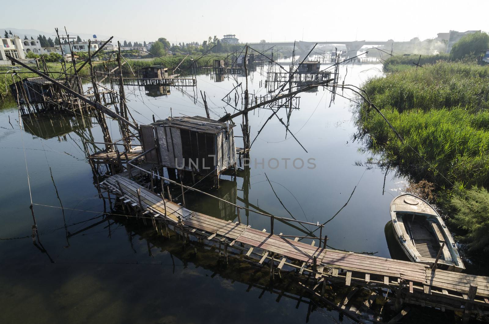 Old fishing net piers on river Bojana near Ulcinj town, Montenegro.