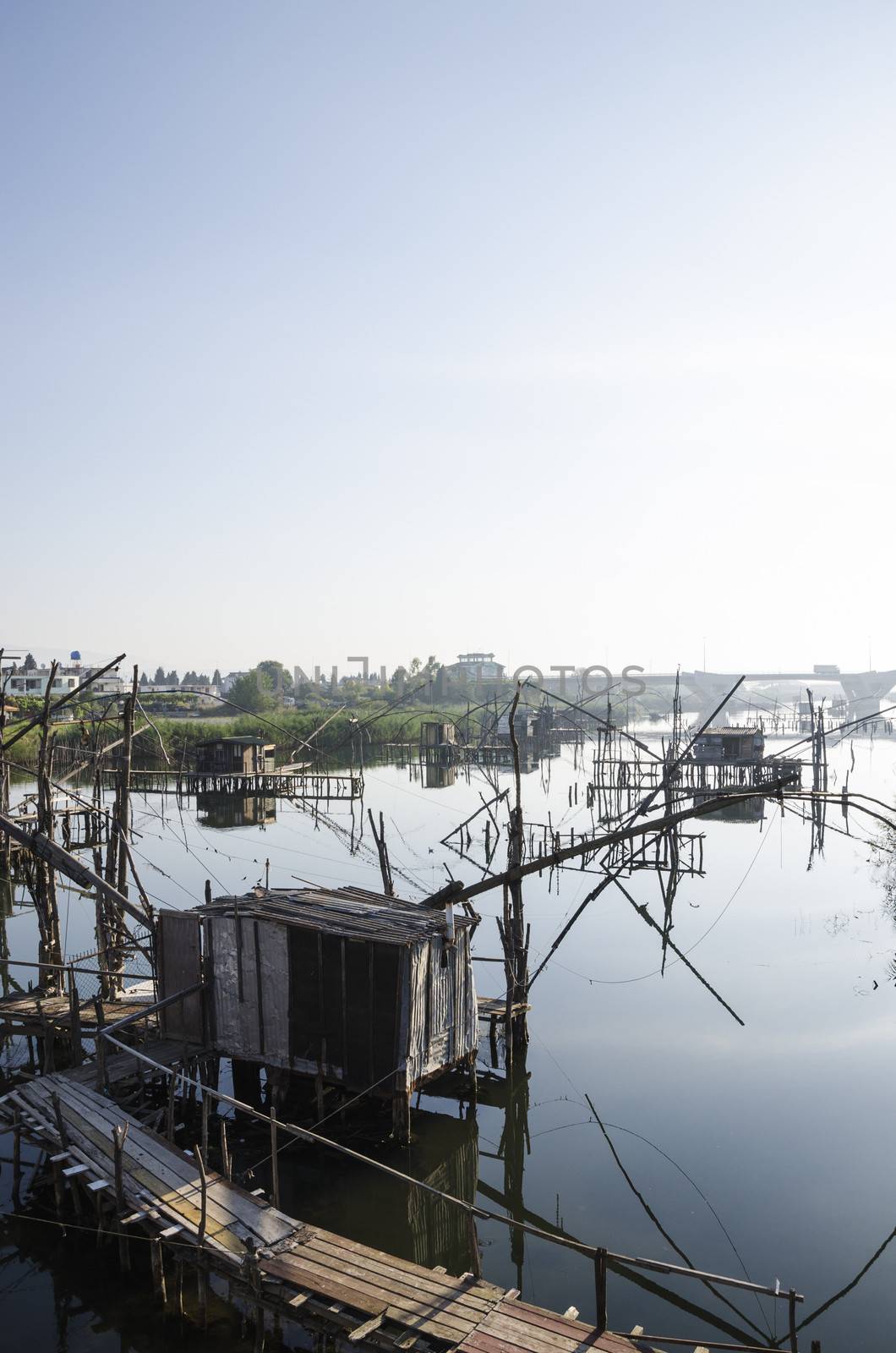 Old fishing net piers on river Bojana near Ulcinj town, Montenegro.