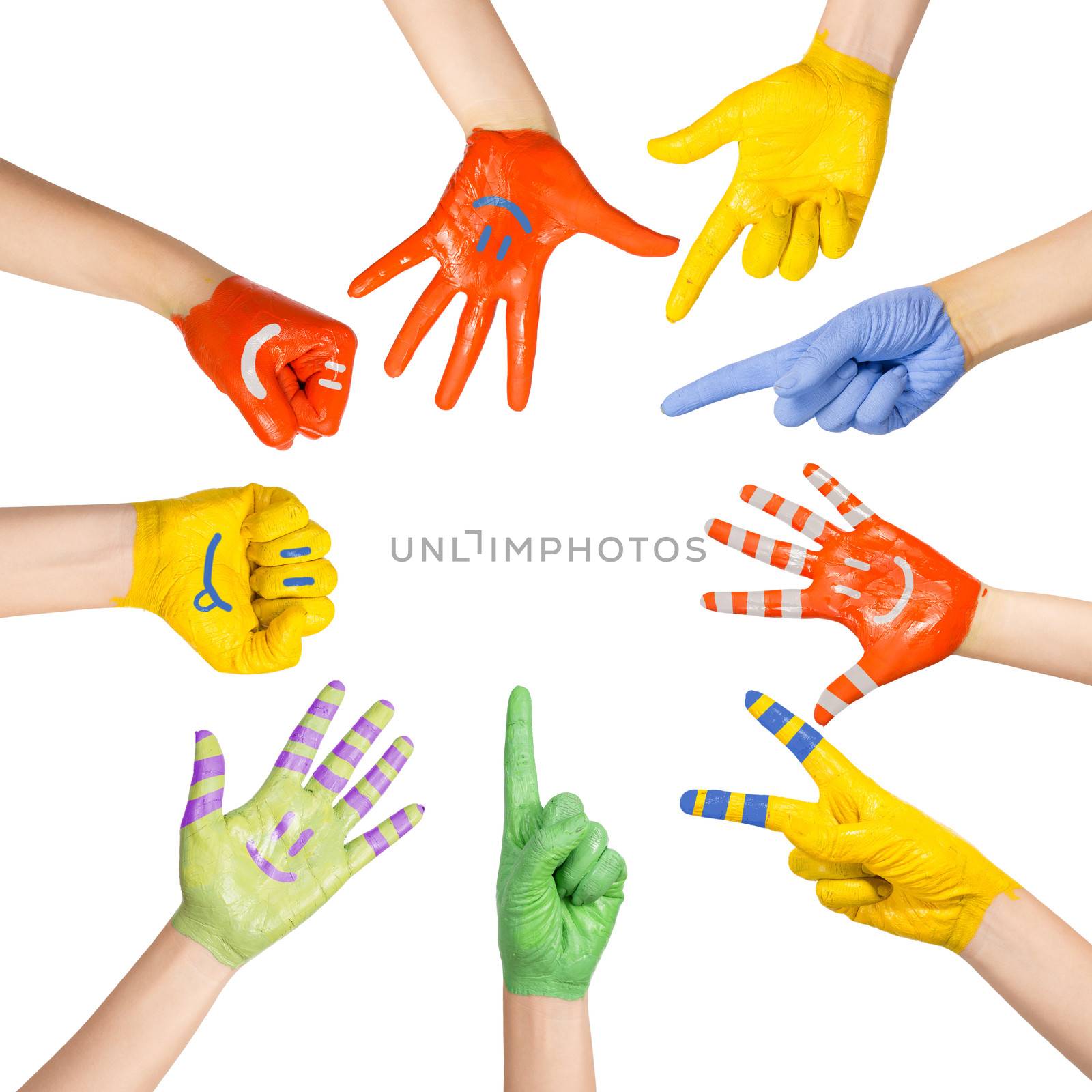 painted children's hands in different colors with smilies