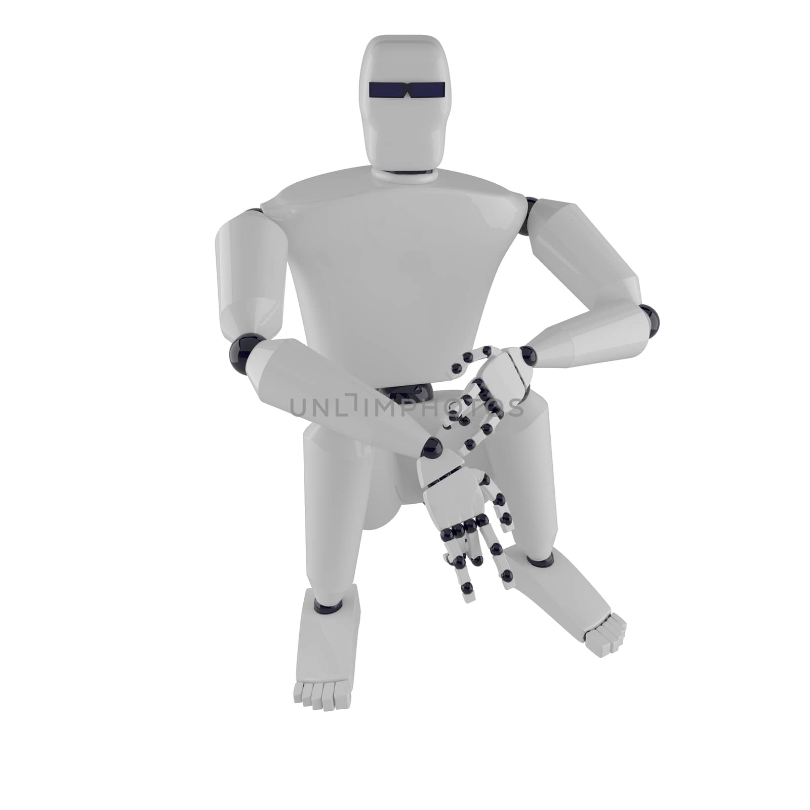 The sitting metal robot on a white background