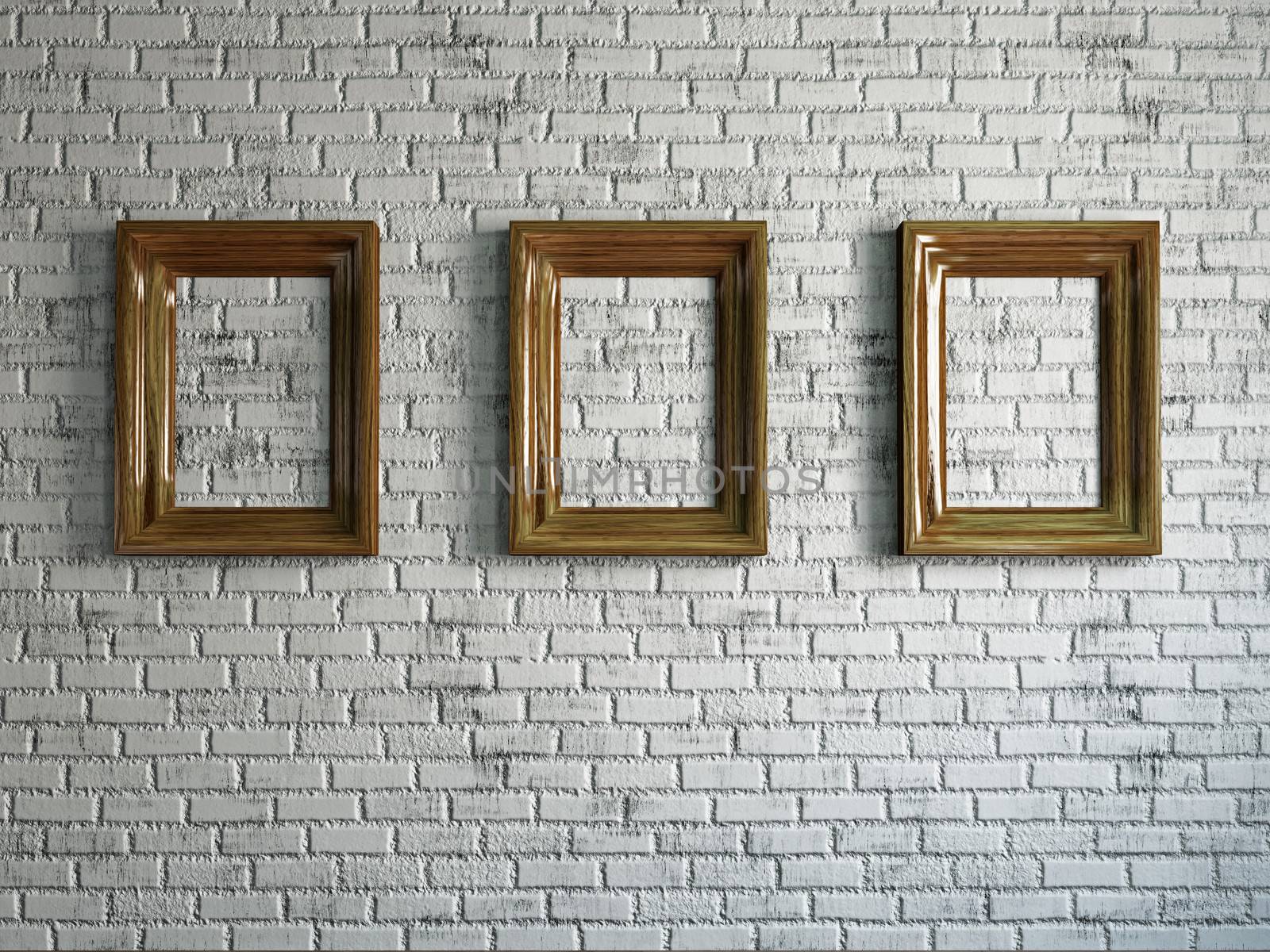 Three empty wooden frames on the brick wall