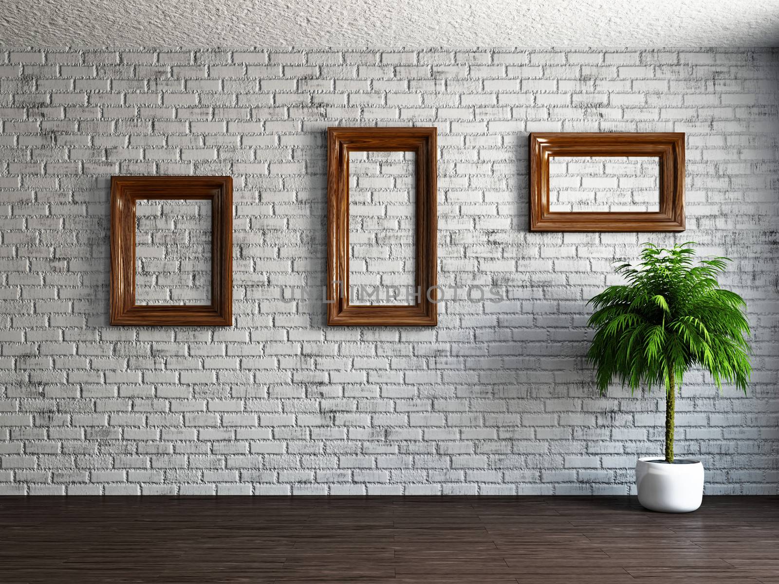 Three empty wooden frames on the brick wall