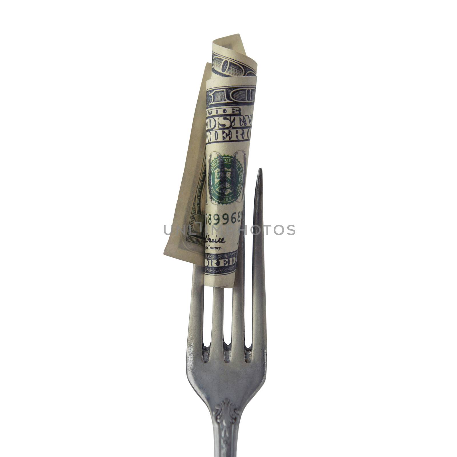 Dollar twisted taken on a fork food - Isolated object on a white background