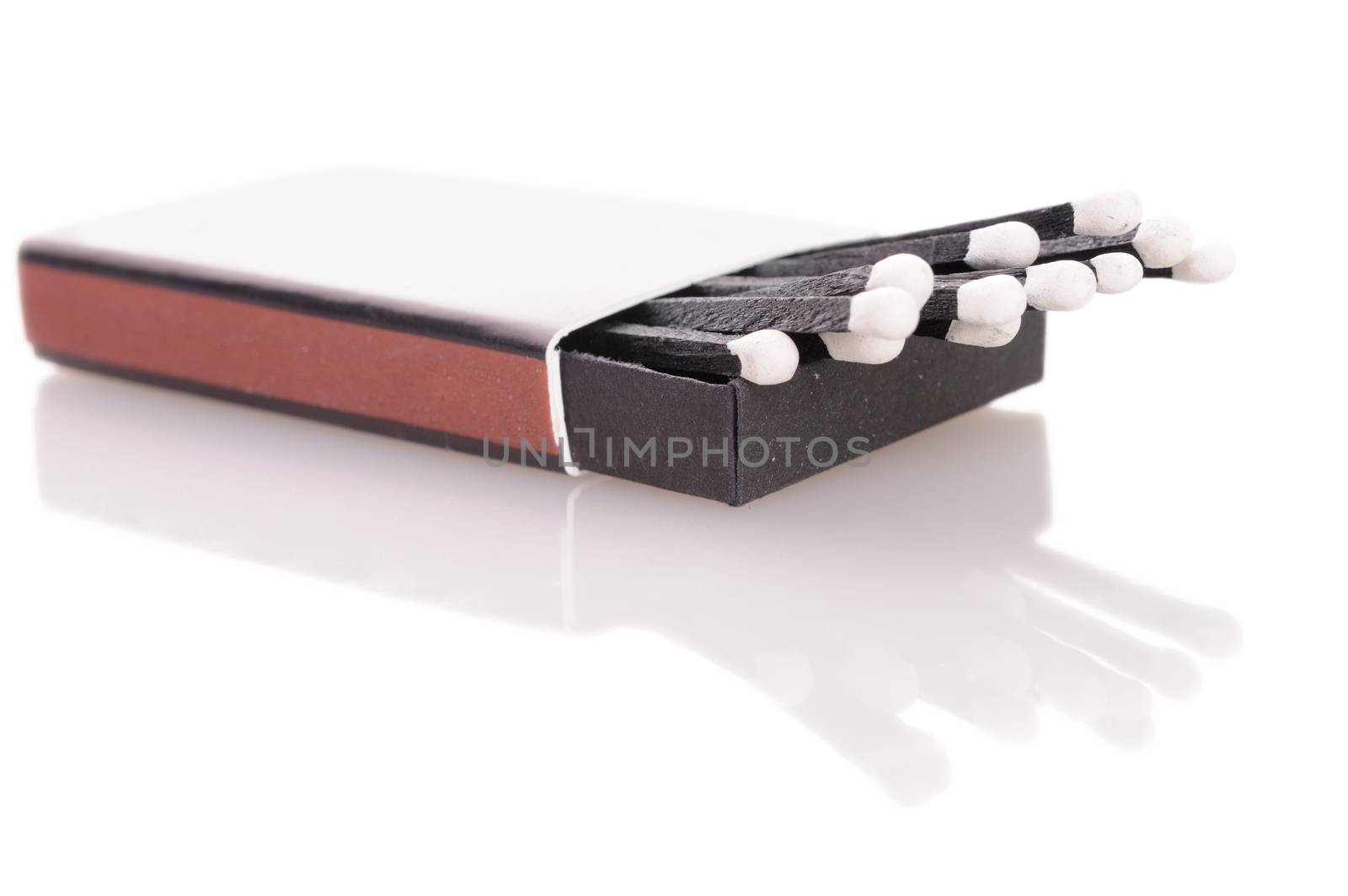 Box with balck matches with reflection over a white background 