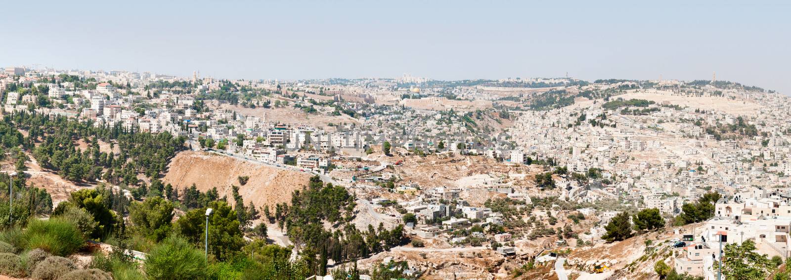 Panoramic view of Jerusalem old and new city under clean sky