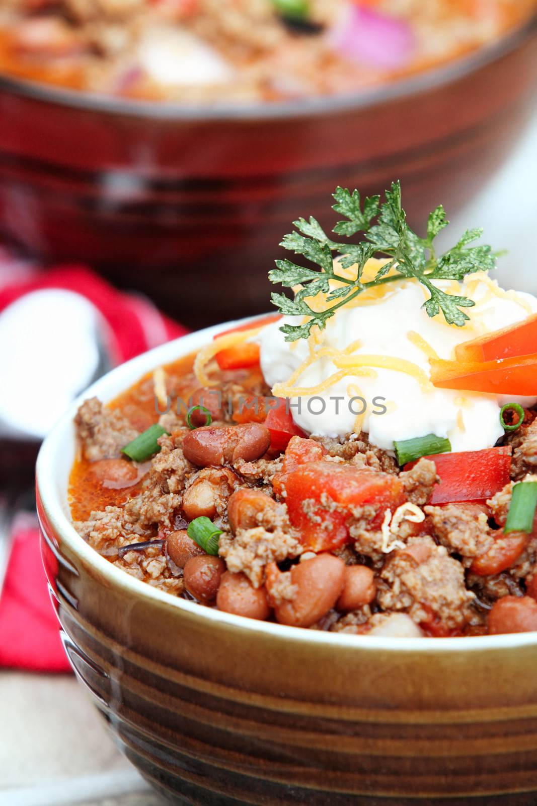 Chili Con Carne served with cheddar cheese and sour cream. 