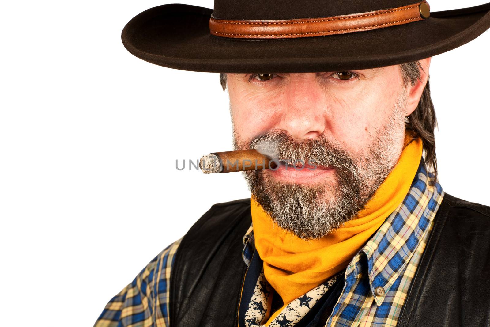 american cowboy, smoking cigar on white background
