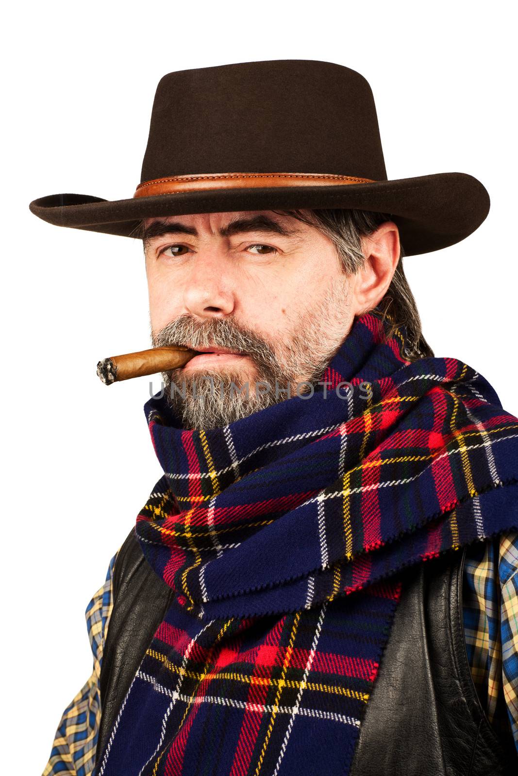 american cowboy smoking cigar on white background