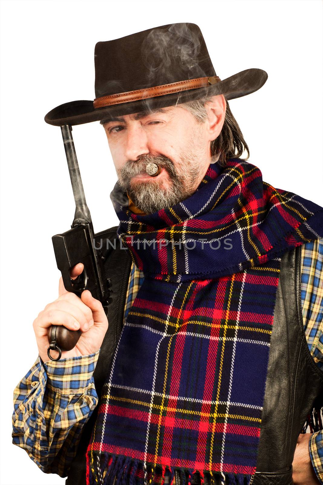 american cowboy with revolver, smoking cigar on white background