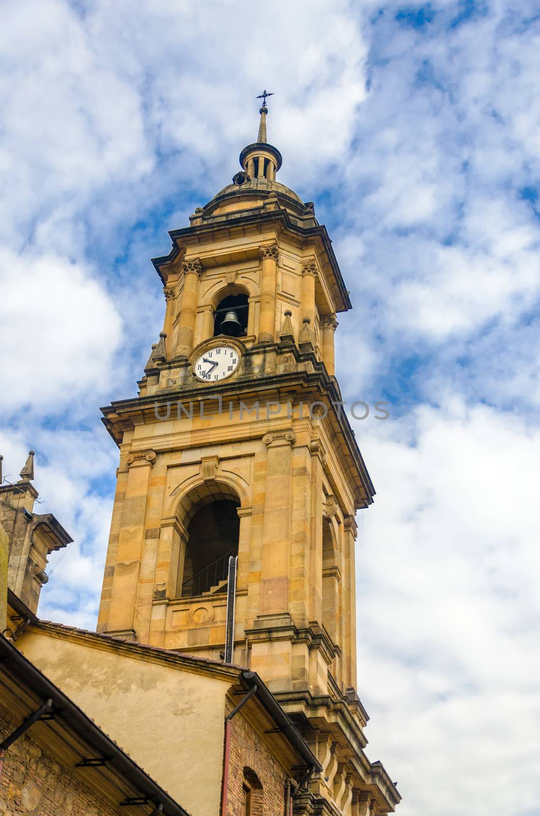 Spire of the cathedral in the Plaza de Bolivar in Bogota, Colombia