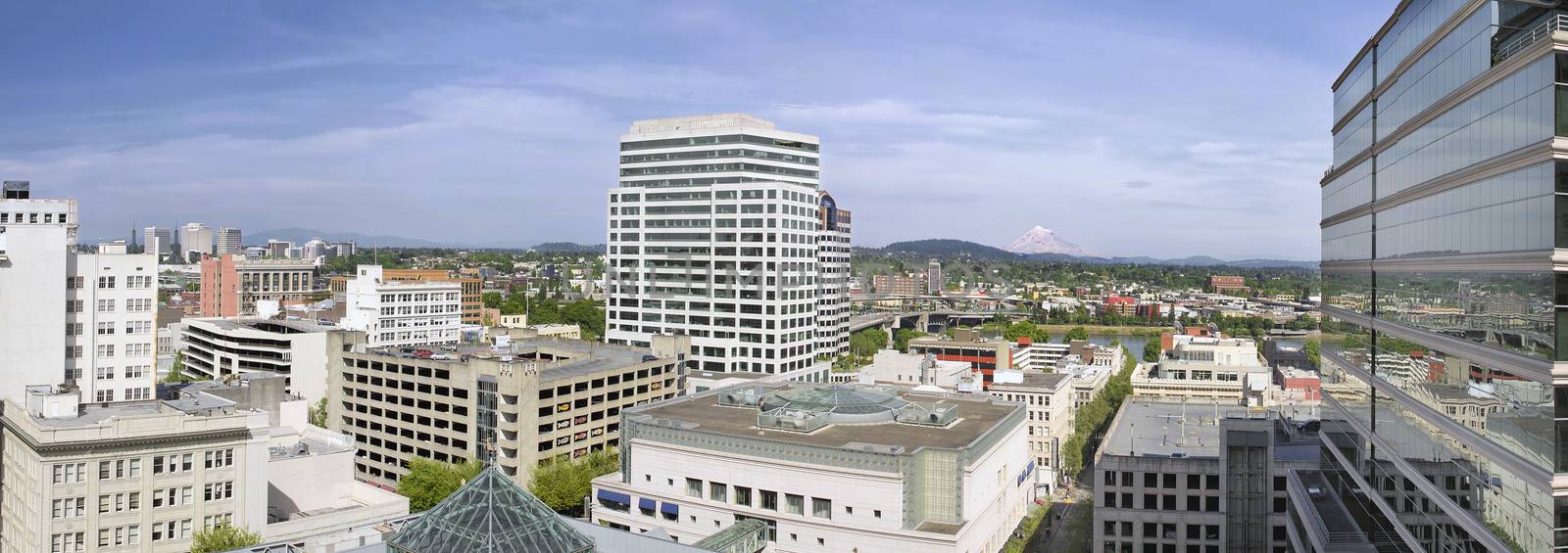 Portland Oregon Downtown Cityscape with Willamette River and Mt Hood Panorama