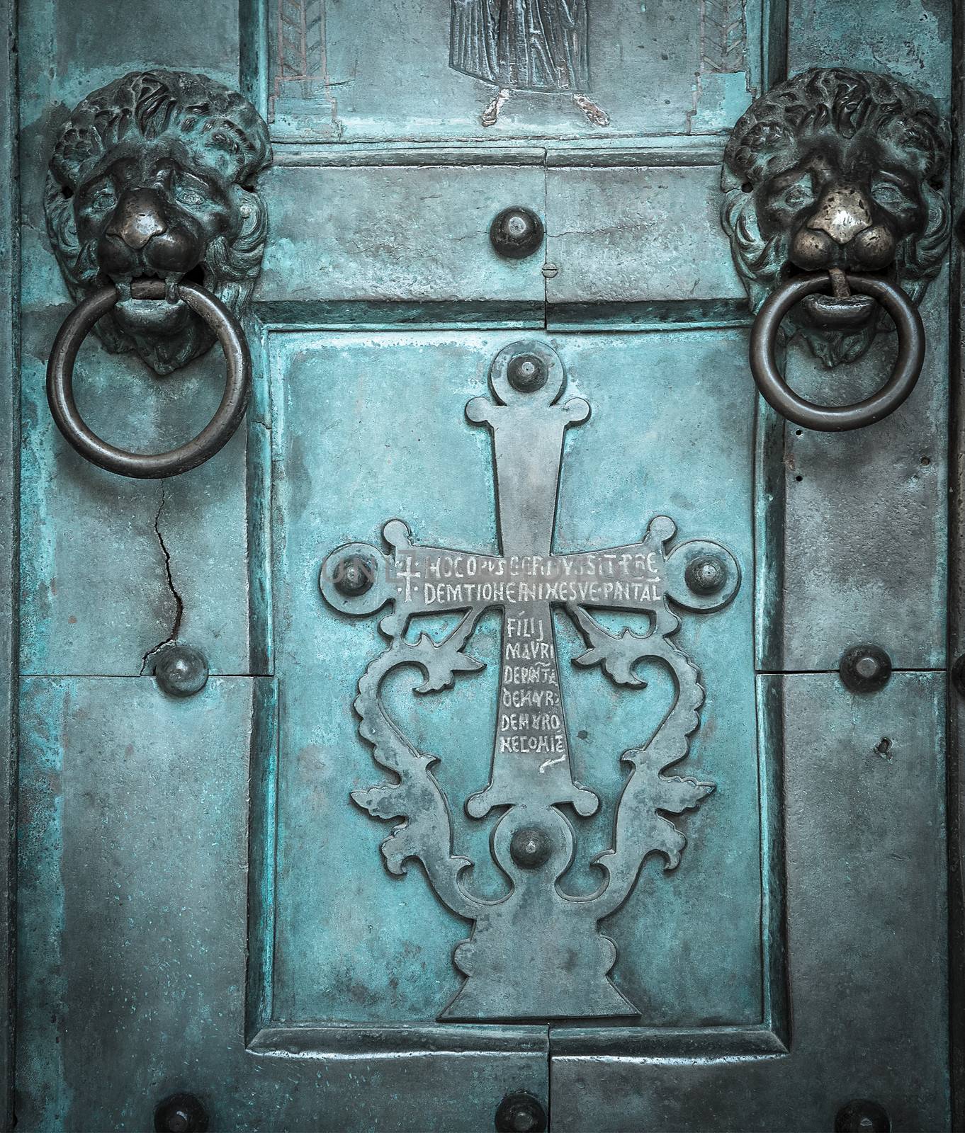 Holy Cross, old, door, Amalfi Cathedral, Italy. 9th-century Roman Catholic structure. It is dedicated to the Apostle Saint Andrew.