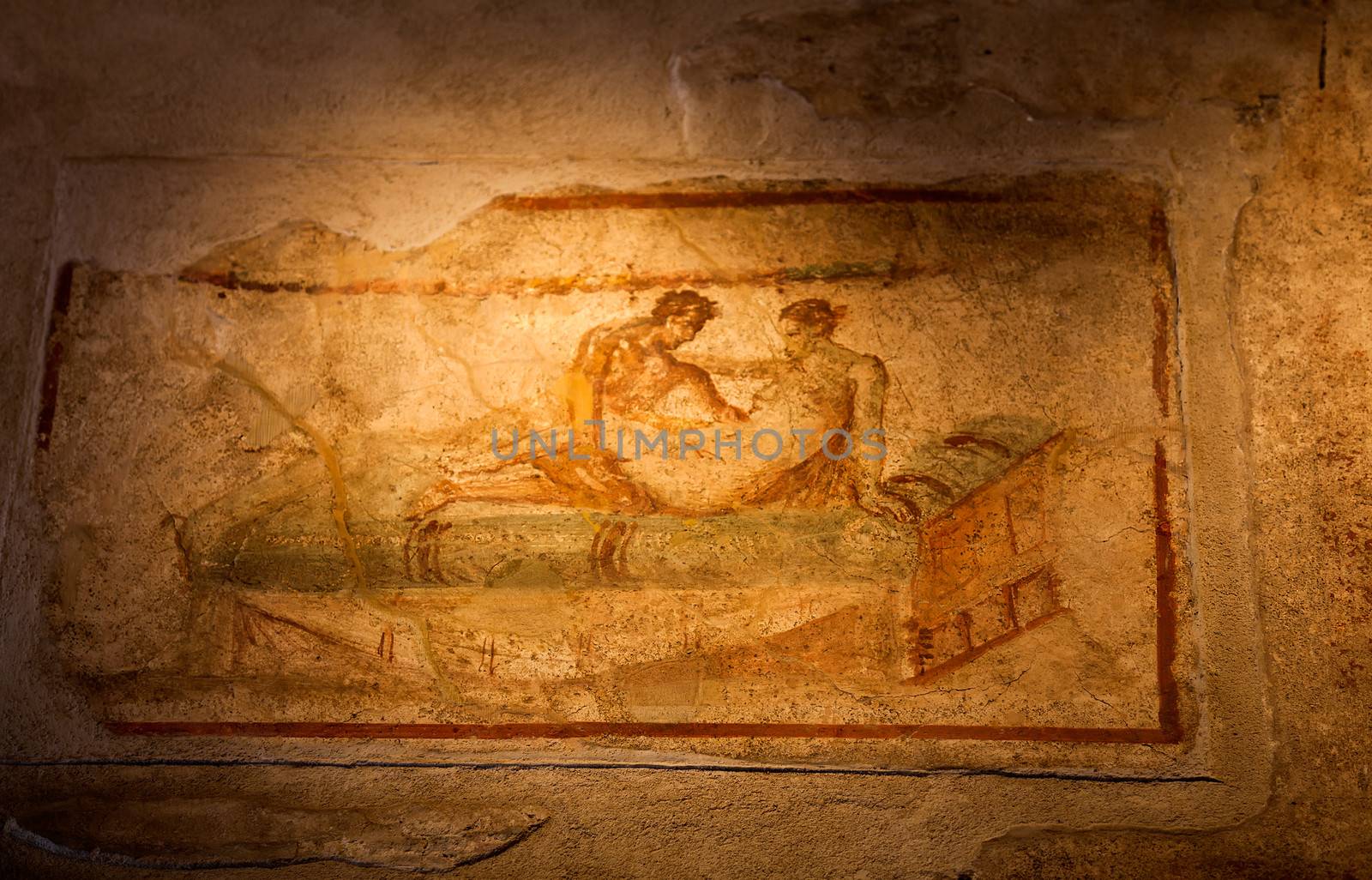 Two thousand years old roman antique erotic fresco in Pompeii, Italy