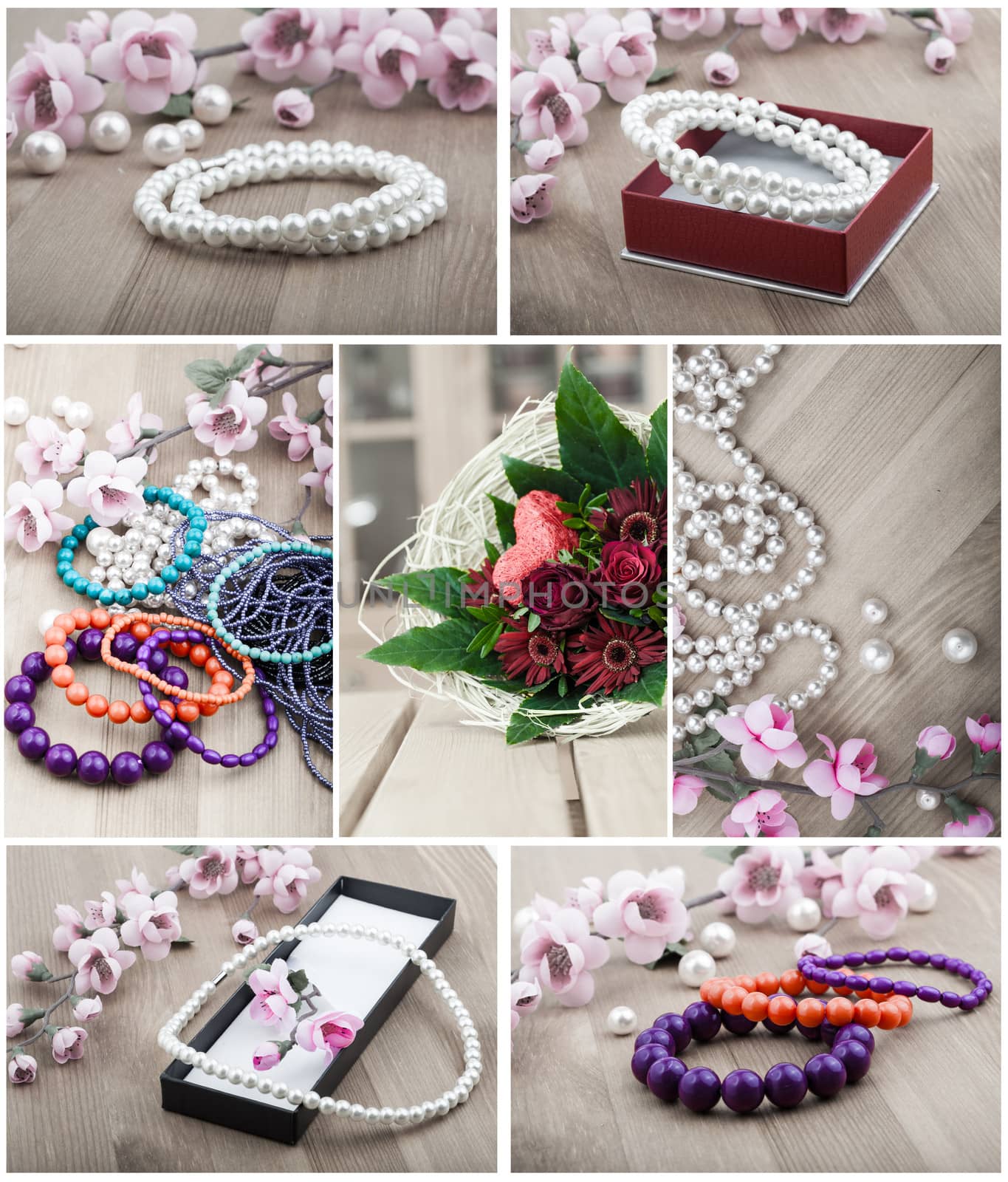 multi color coral bangles and artificial pearls, with pink flower on wooden background. collage