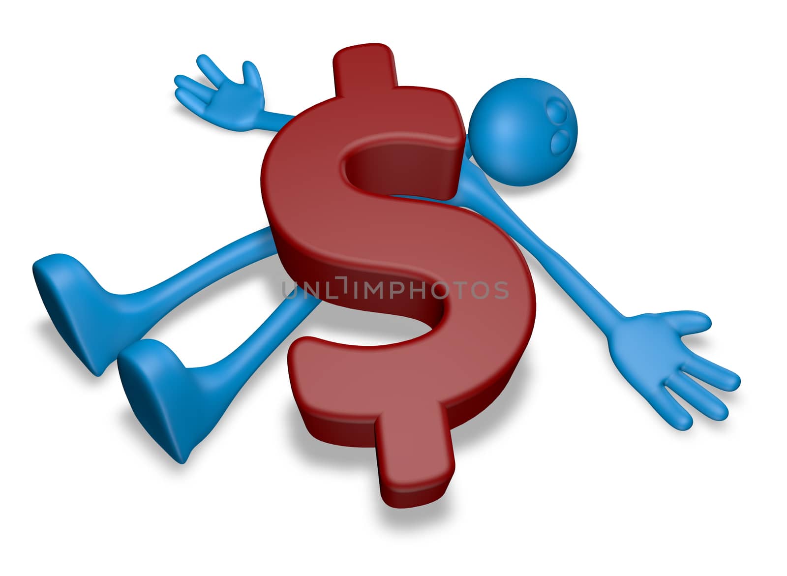 dead blue guy under dollar symbol - 3d illustration