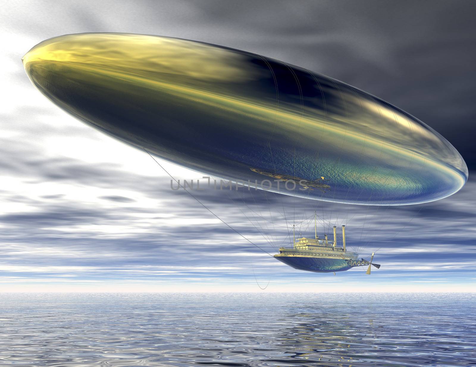digital visualization of a surrealistic steamer airship