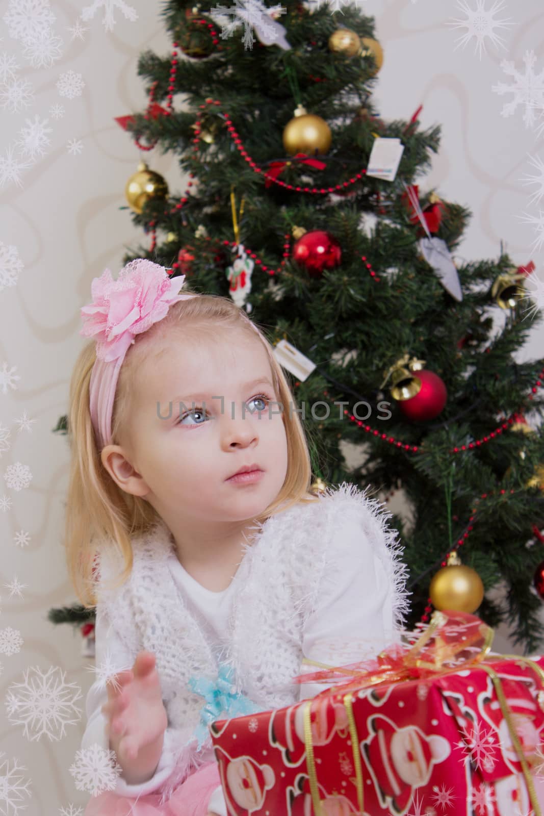 Girl under Christmas tree with gifts by Angel_a