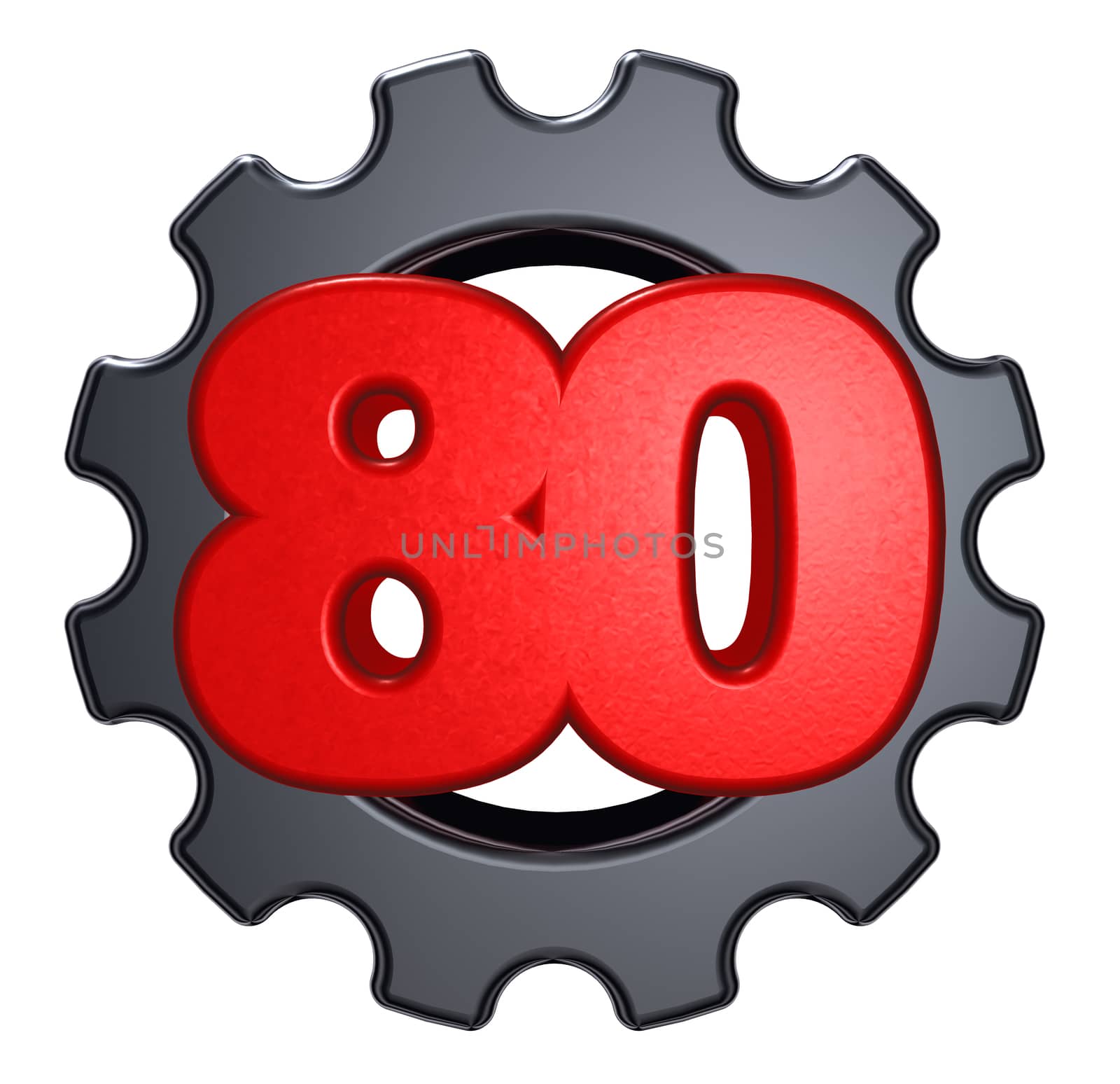 number eighty and gear wheel on white background - 3d illustration