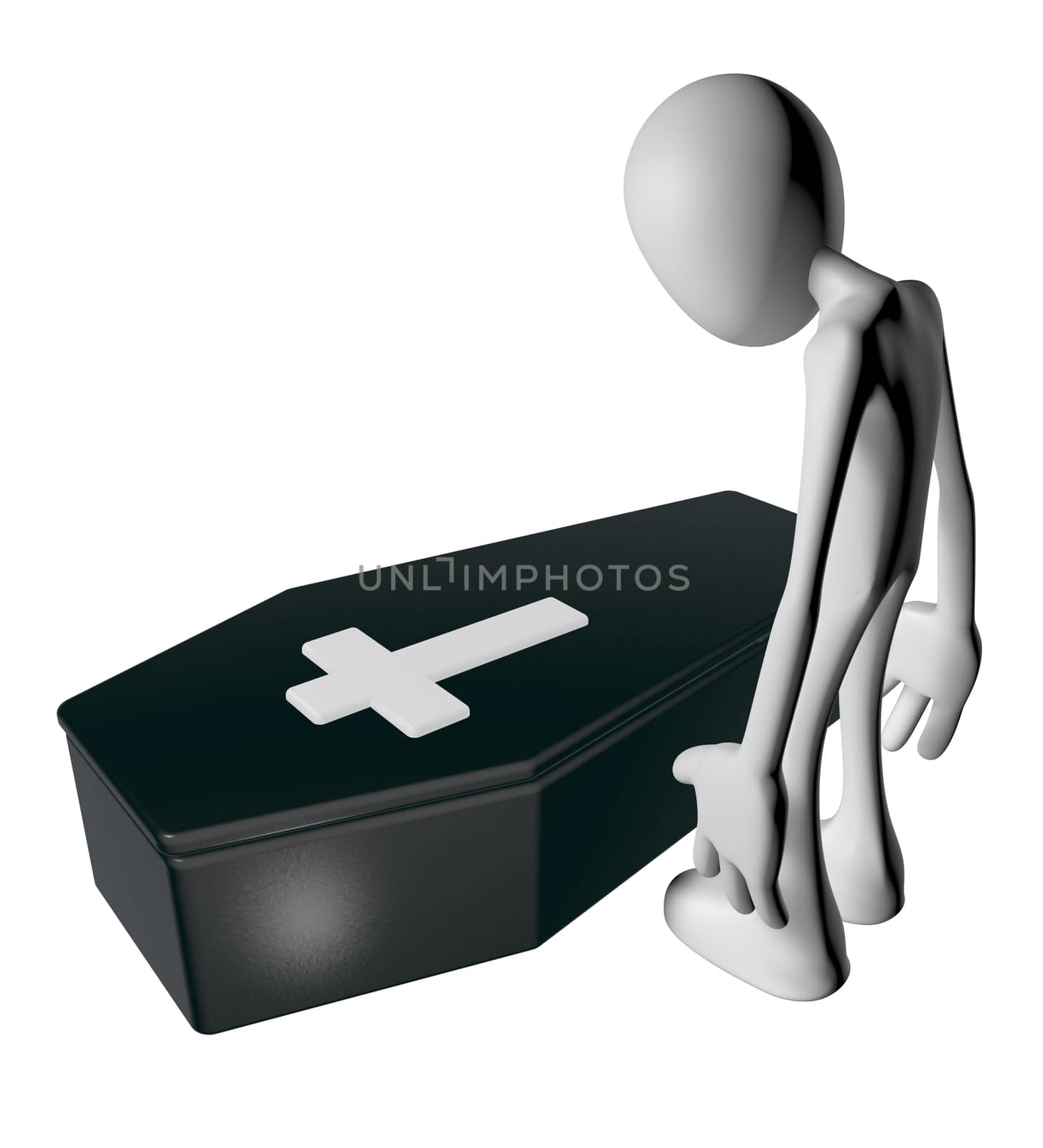 black casket whit christian cross and white guy - 3d illustration